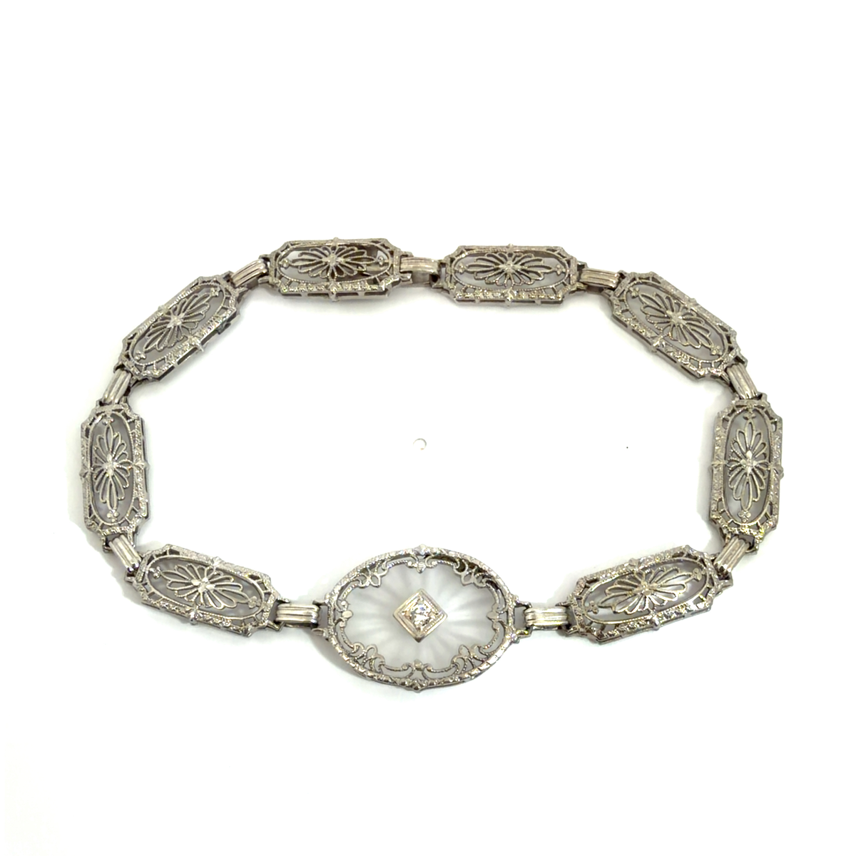 Vintage Mixed Metal Filigree  Camphor Glass and Diamond Chain Bracelet