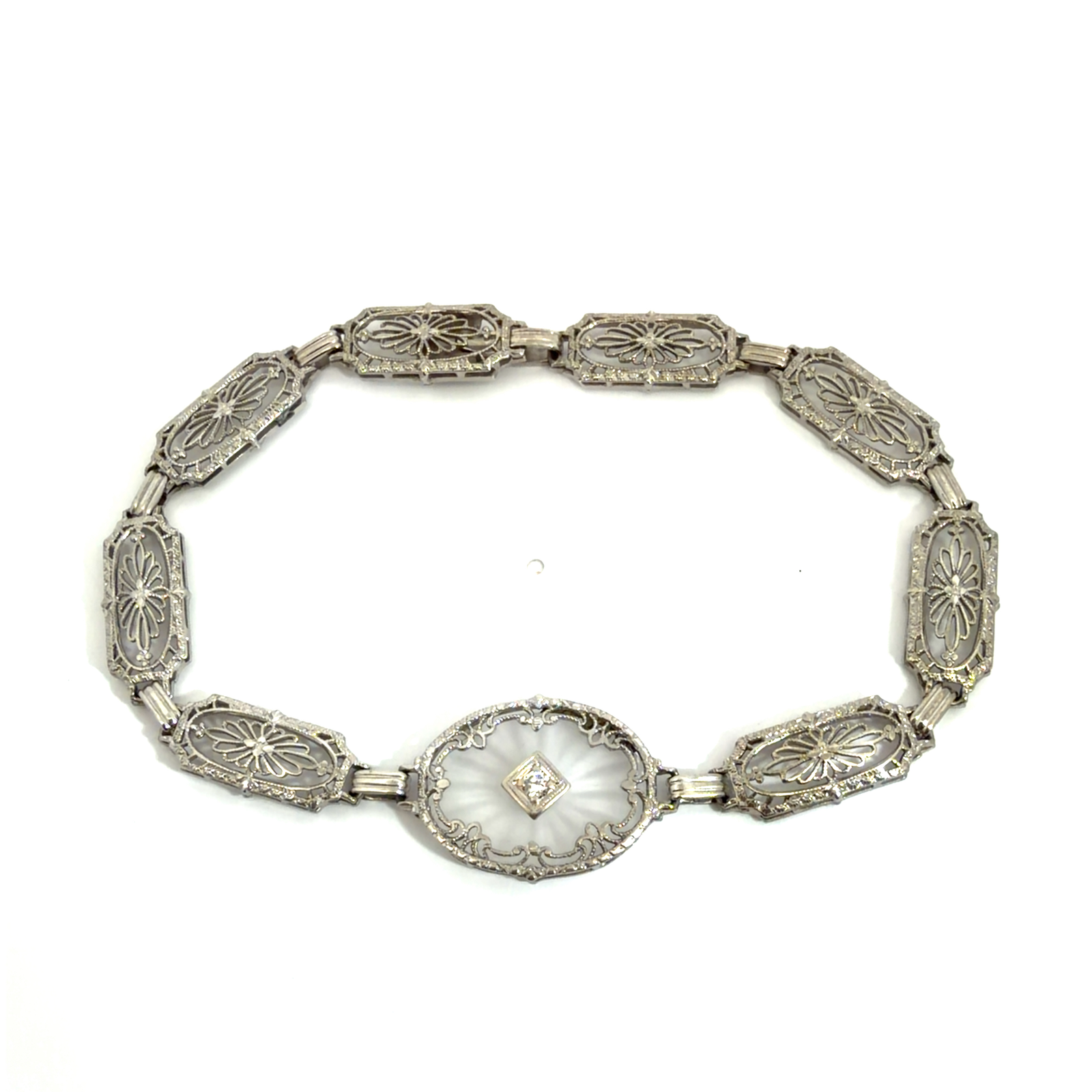 Vintage Mixed Metal Filigree  Camphor Glass and Diamond Chain Bracelet