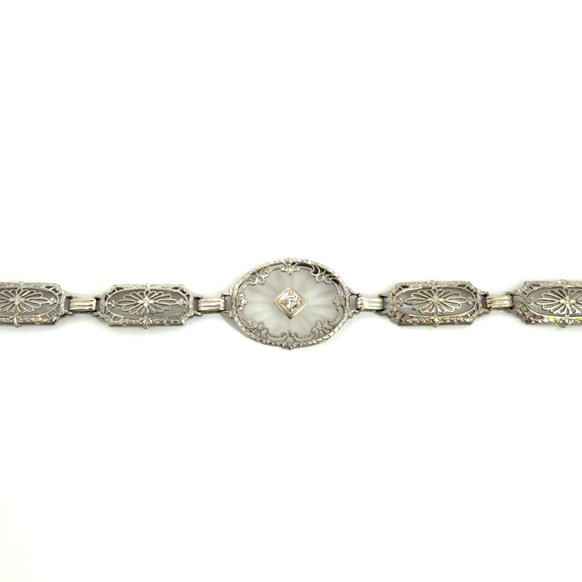 Vintage Mixed Metal Filigree  Camphor Glass and Diamond Chain Bracelet