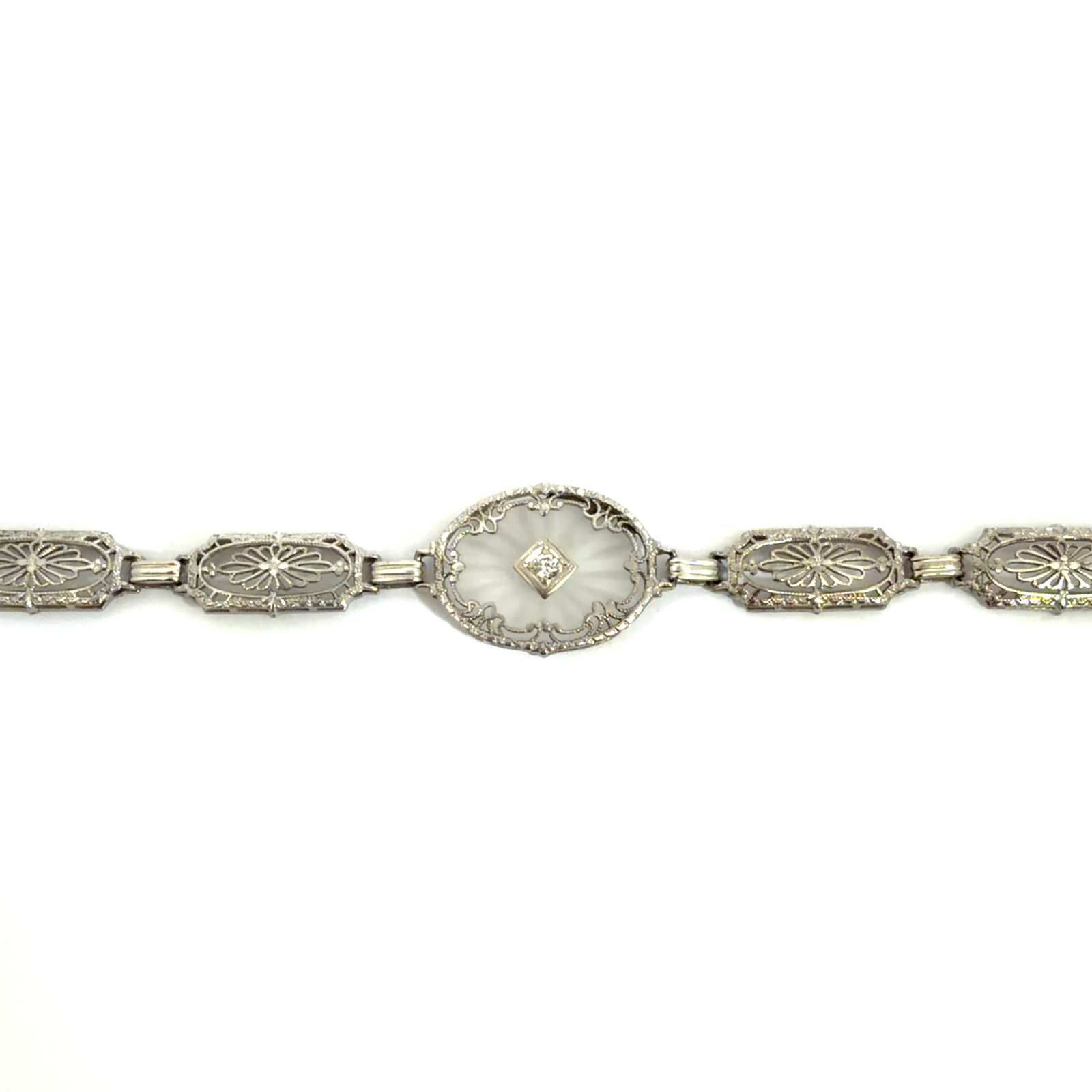 Vintage Mixed Metal Filigree  Camphor Glass and Diamond Chain Bracelet