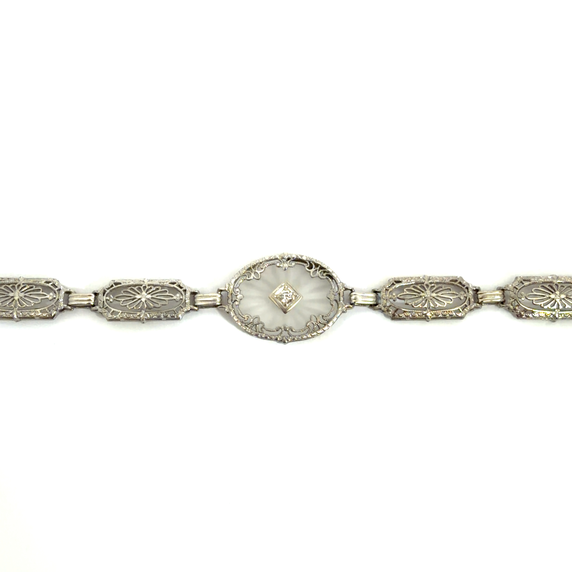 Vintage Mixed Metal Filigree  Camphor Glass and Diamond Chain Bracelet