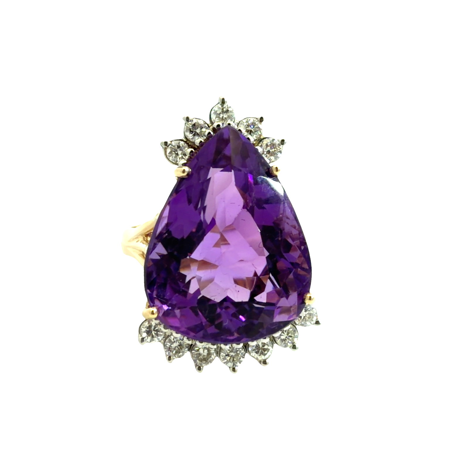 Vintage 14k Multi-Tone 15.93ctw Pear Cut Amethyst and 0.48ctw Diamond Cocktail Ring