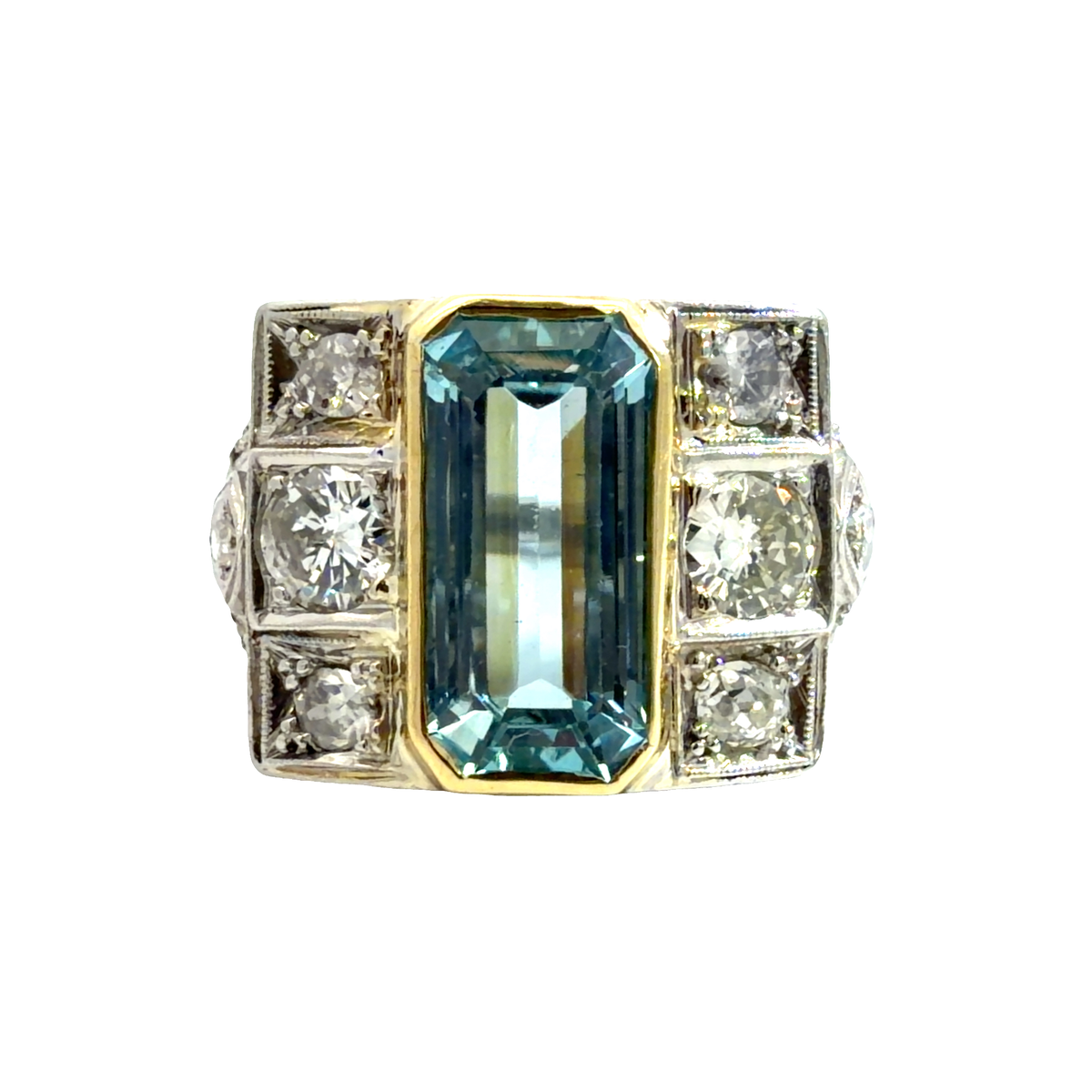 Platinum &amp; 18k Yellow Gold Art Deco 4.46ctw Aquamarine and 1.13ctw Diamond Ring