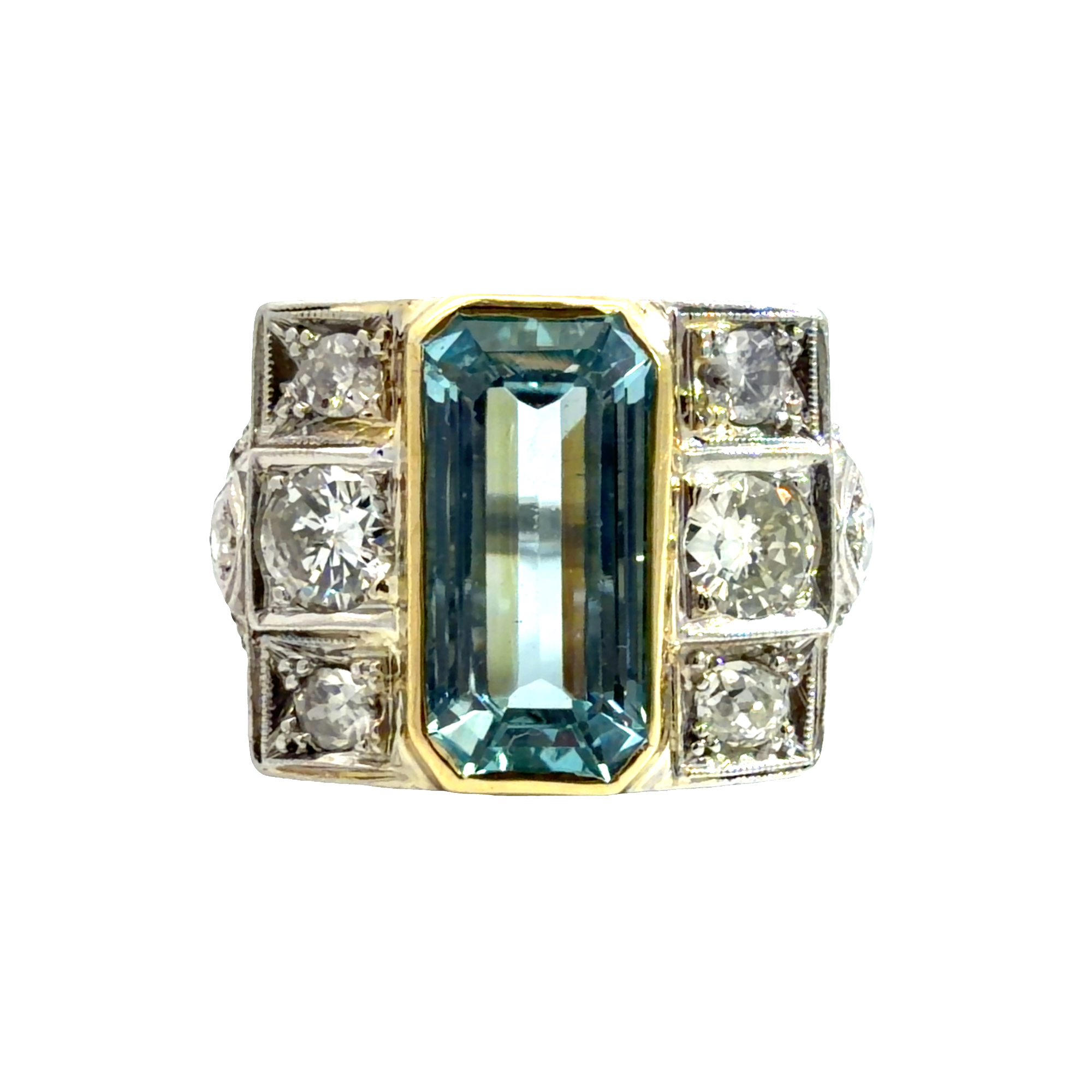 Platinum & 18k Yellow Gold Art Deco 4.46ctw Aquamarine and 1.13ctw Diamond Ring