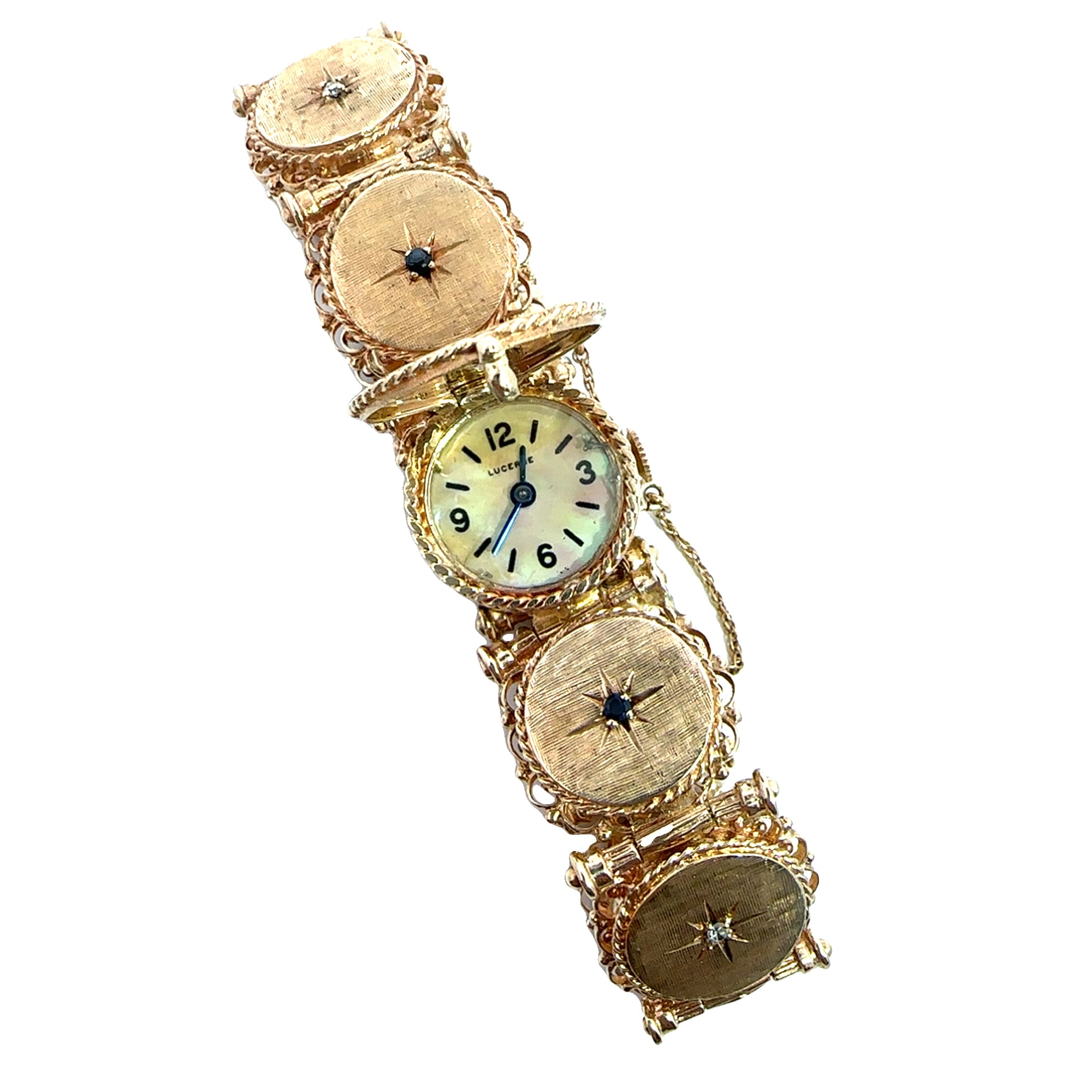 Vintage Lucerne 14k Yellow Gold Star Diamond & Sapphire Hidden Watch