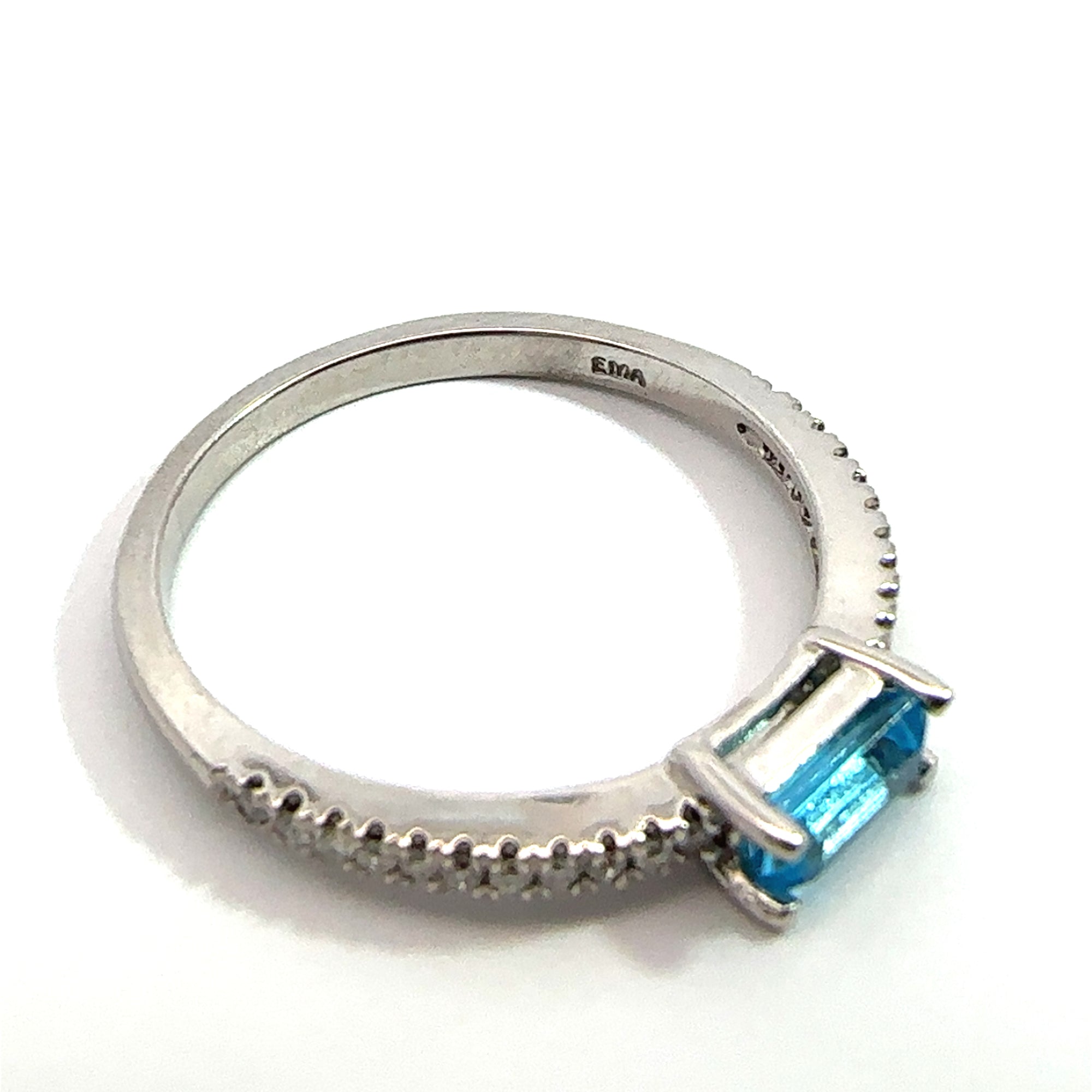 Estate 14k White Gold Emerald Cut Topaz and DImaond Band Ring