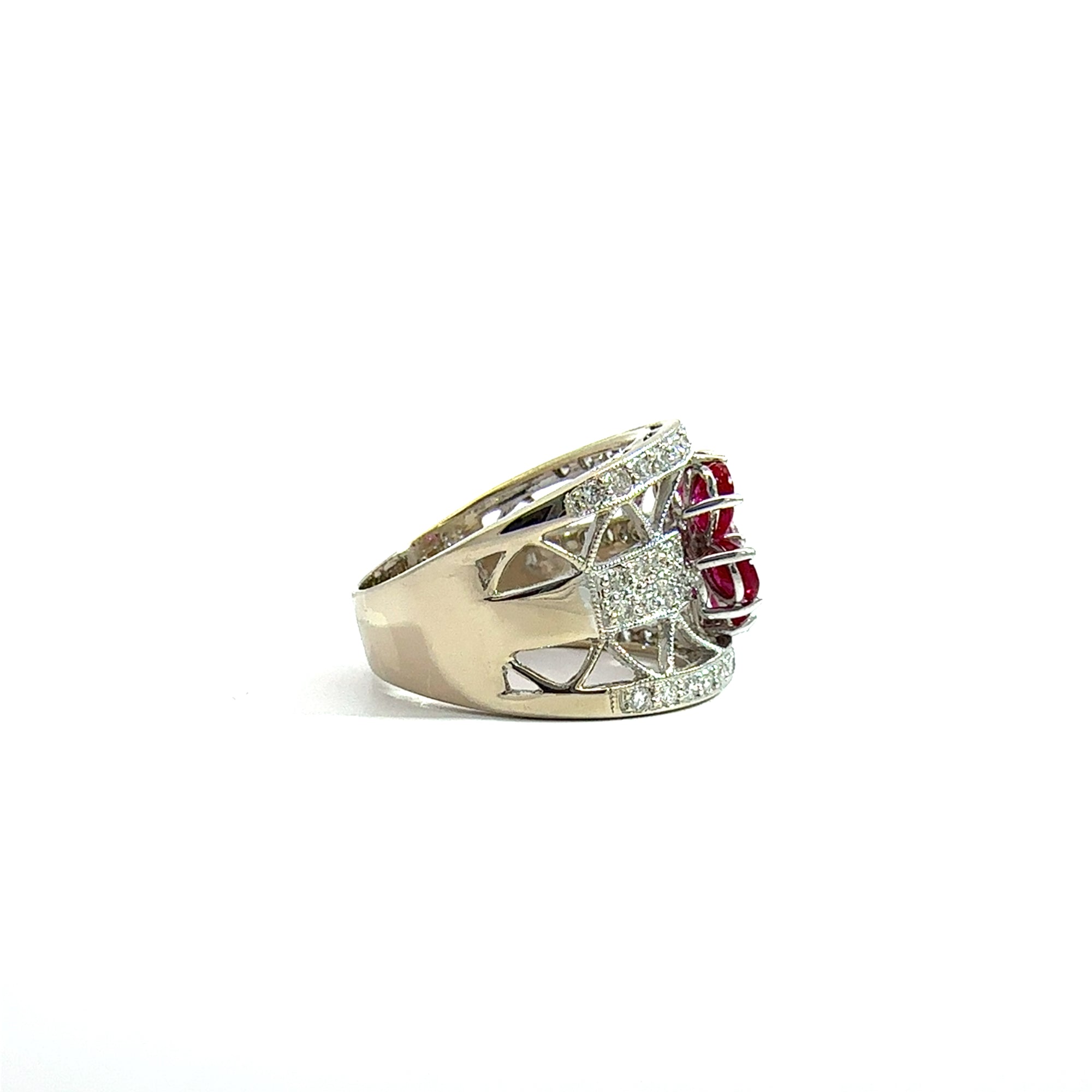 Estate 18k White Gold Floral Ruby and Diamond Ring