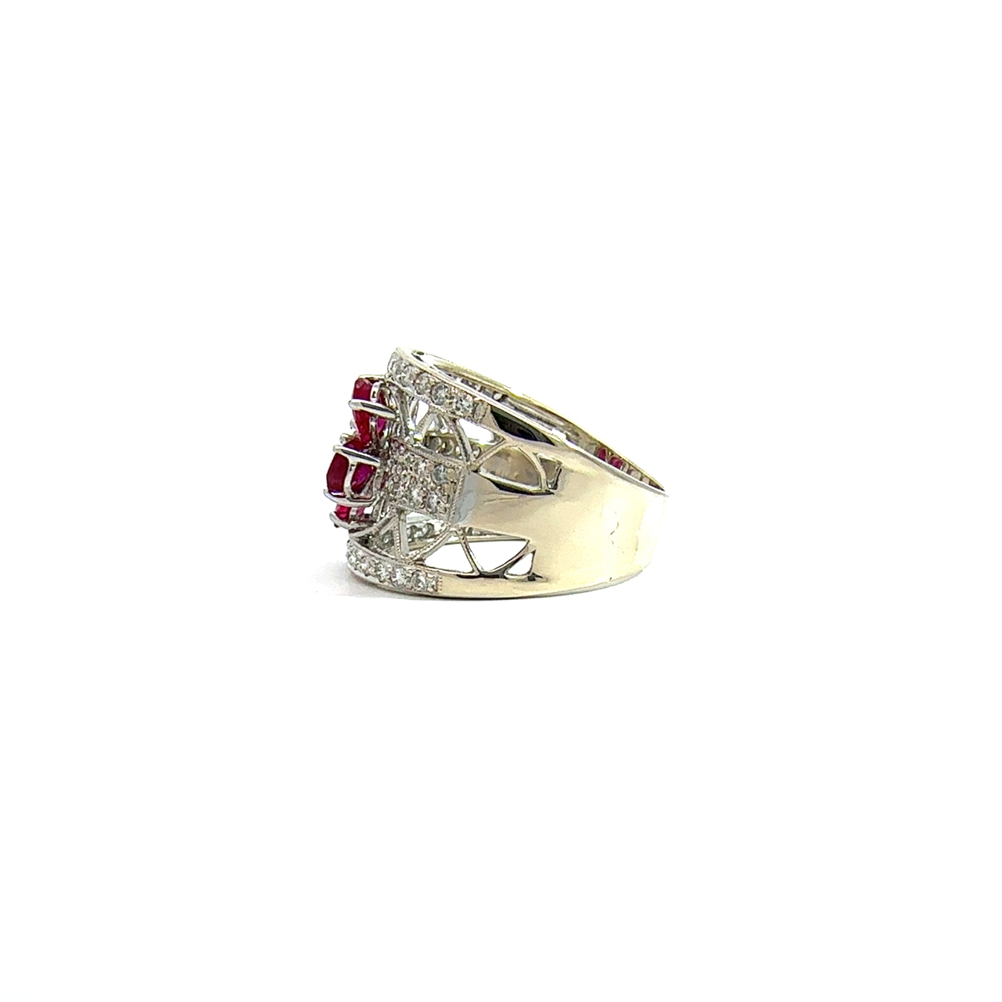 Estate 18k White Gold Floral Ruby and Diamond Ring