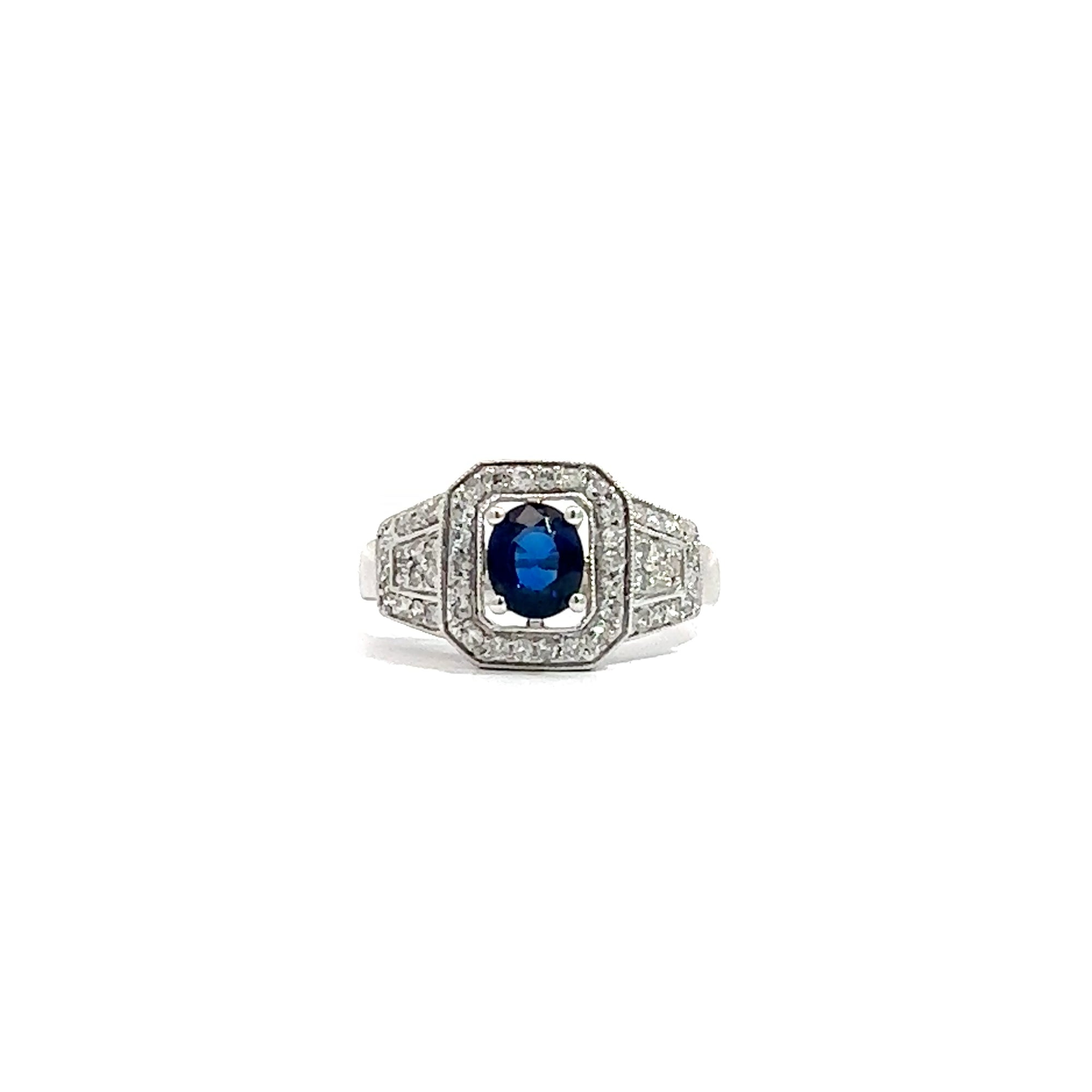 Vintage 18k White Gold Oval Cut Sapphire & Diamond Ring