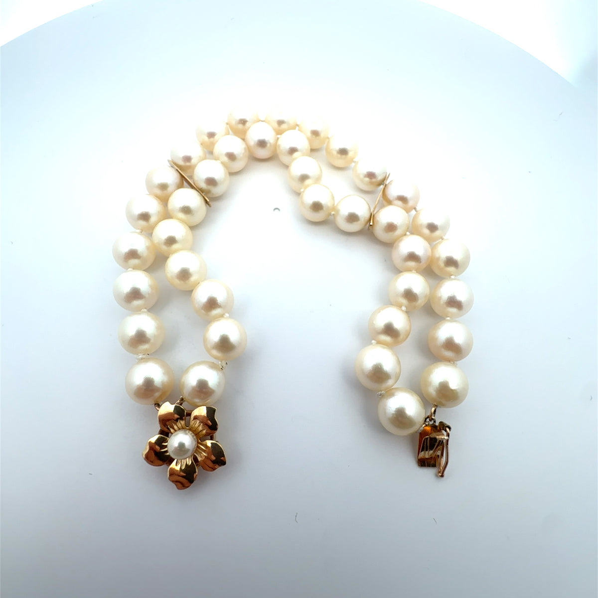 Vintage 14k Yellow Gold Floral Clasp Pearl Bracelet 7"