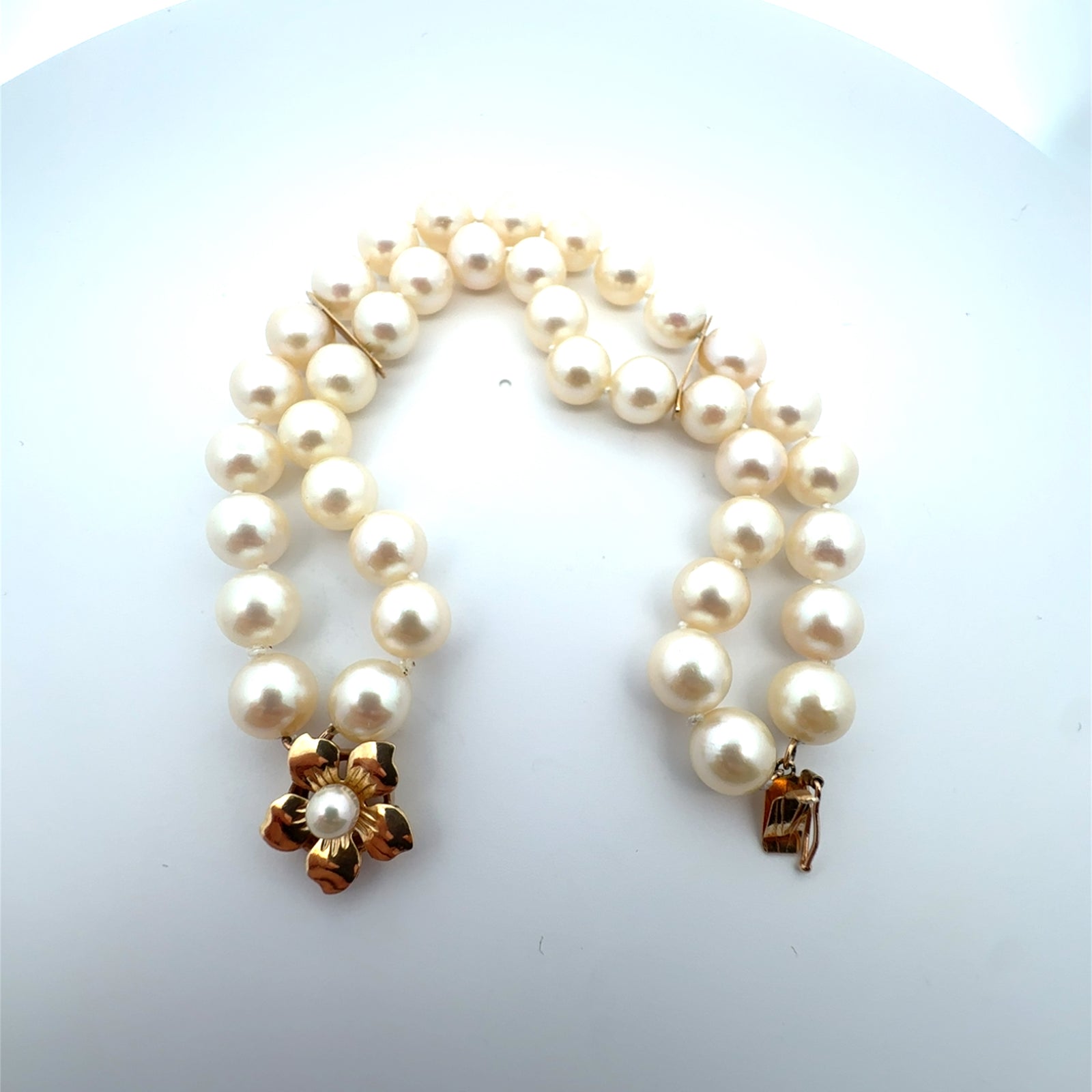 Vintage 14k Yellow Gold Floral Clasp Pearl Bracelet 7"