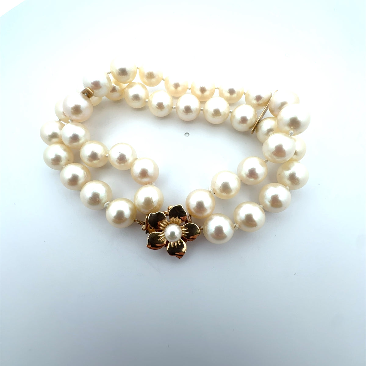 Vintage 14k Yellow Gold Floral Clasp Pearl Bracelet 7"
