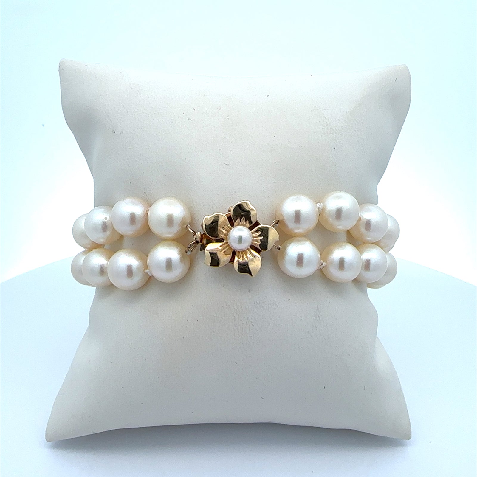 Vintage 14k Yellow Gold Floral Clasp Pearl Bracelet 7"