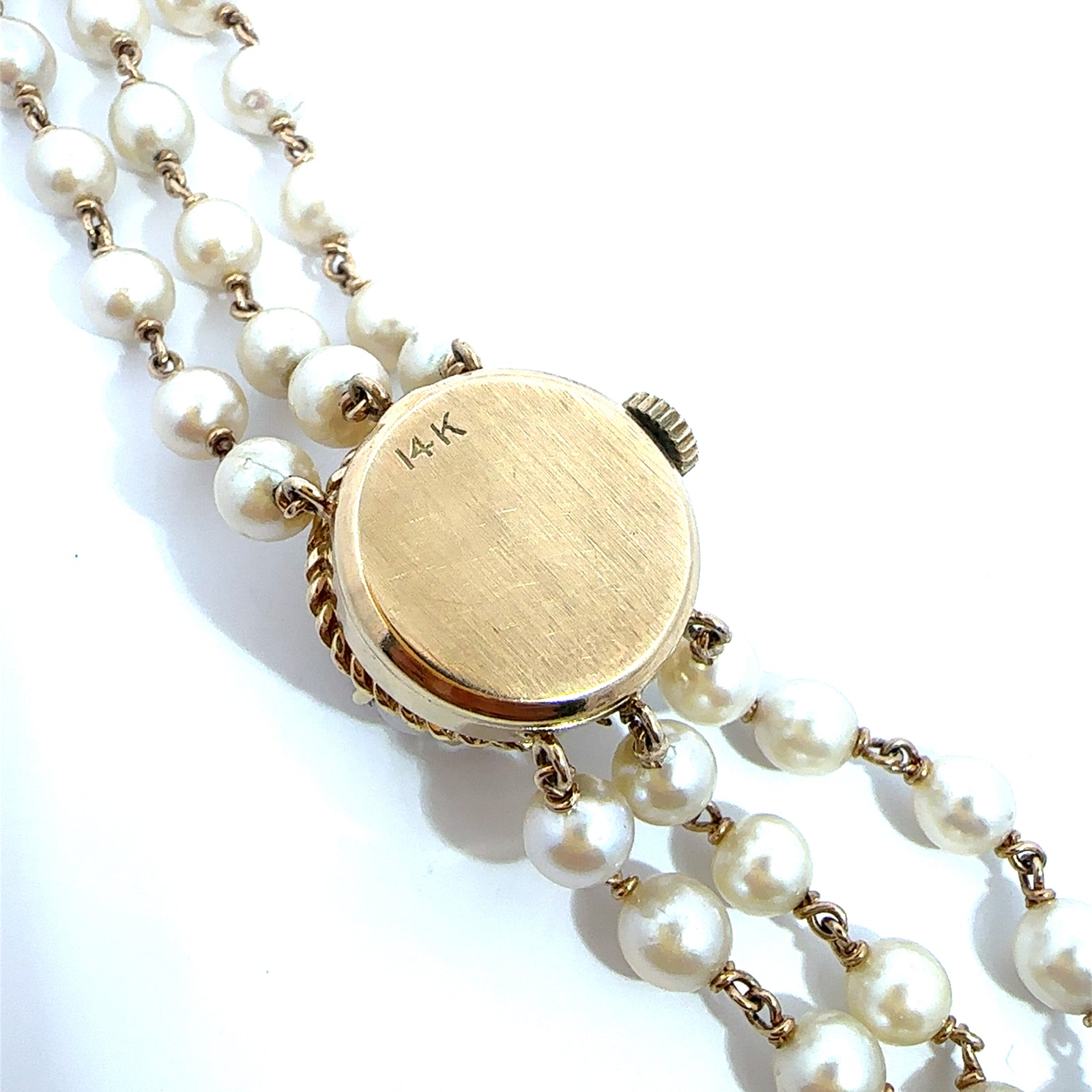 Vintage 14k Yellow Gold Triple Strand Pearl 0.30ctw Sapphire Hidden Watch Bracelet 7"