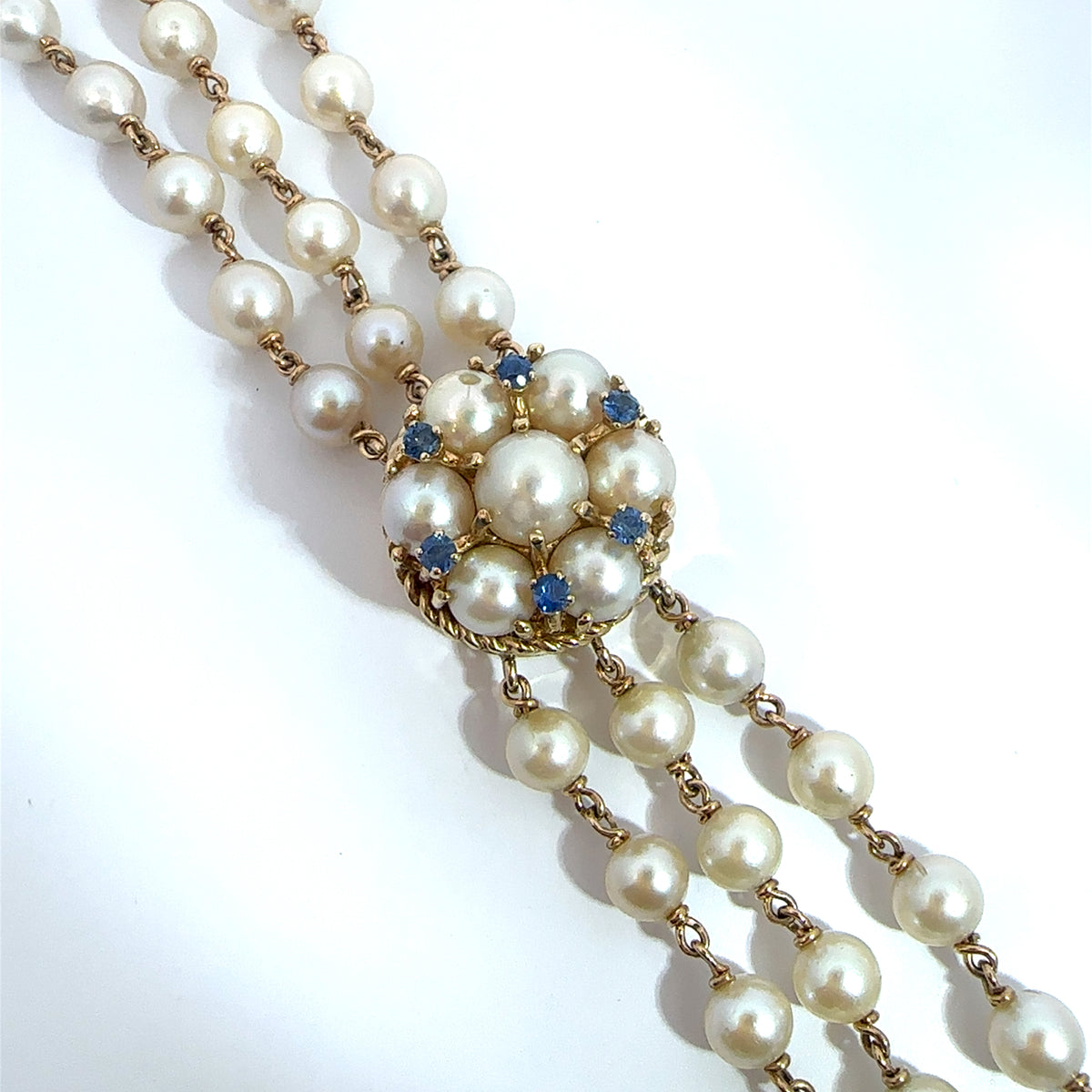 Vintage 14k Yellow Gold Triple Strand Pearl 0.30ctw Sapphire Hidden Watch Bracelet 7"
