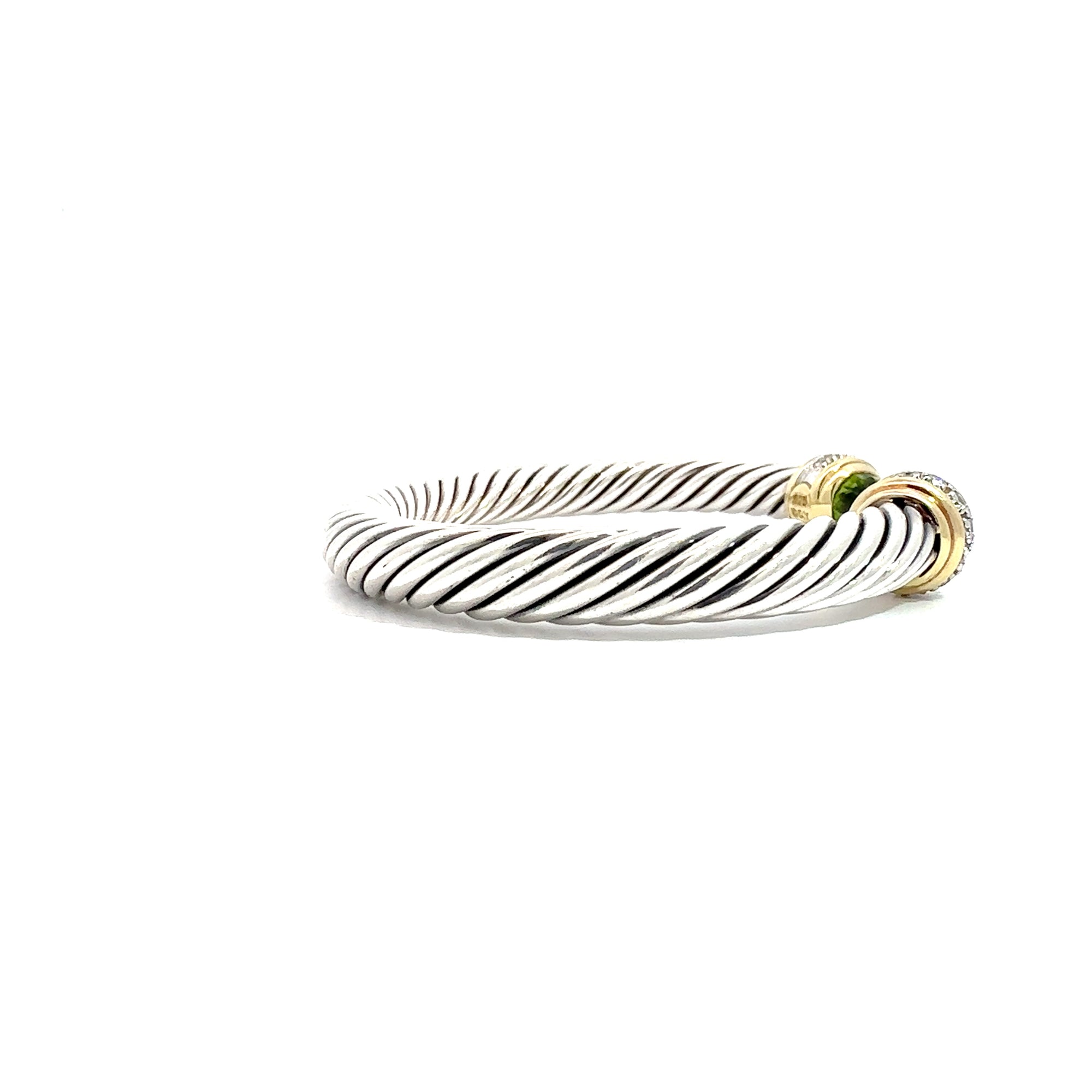 Estate David Yurman Sterling Silver and 18k Yellow Gold Diamond and Peridot Cuff