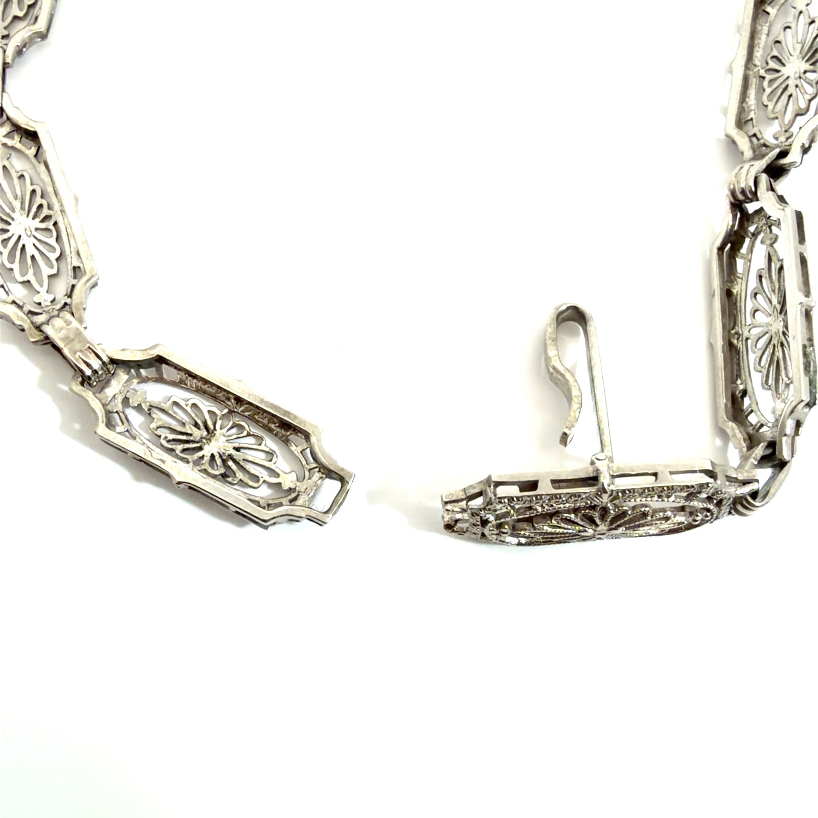 Vintage Mixed Metal Filigree  Camphor Glass and Diamond Chain Bracelet