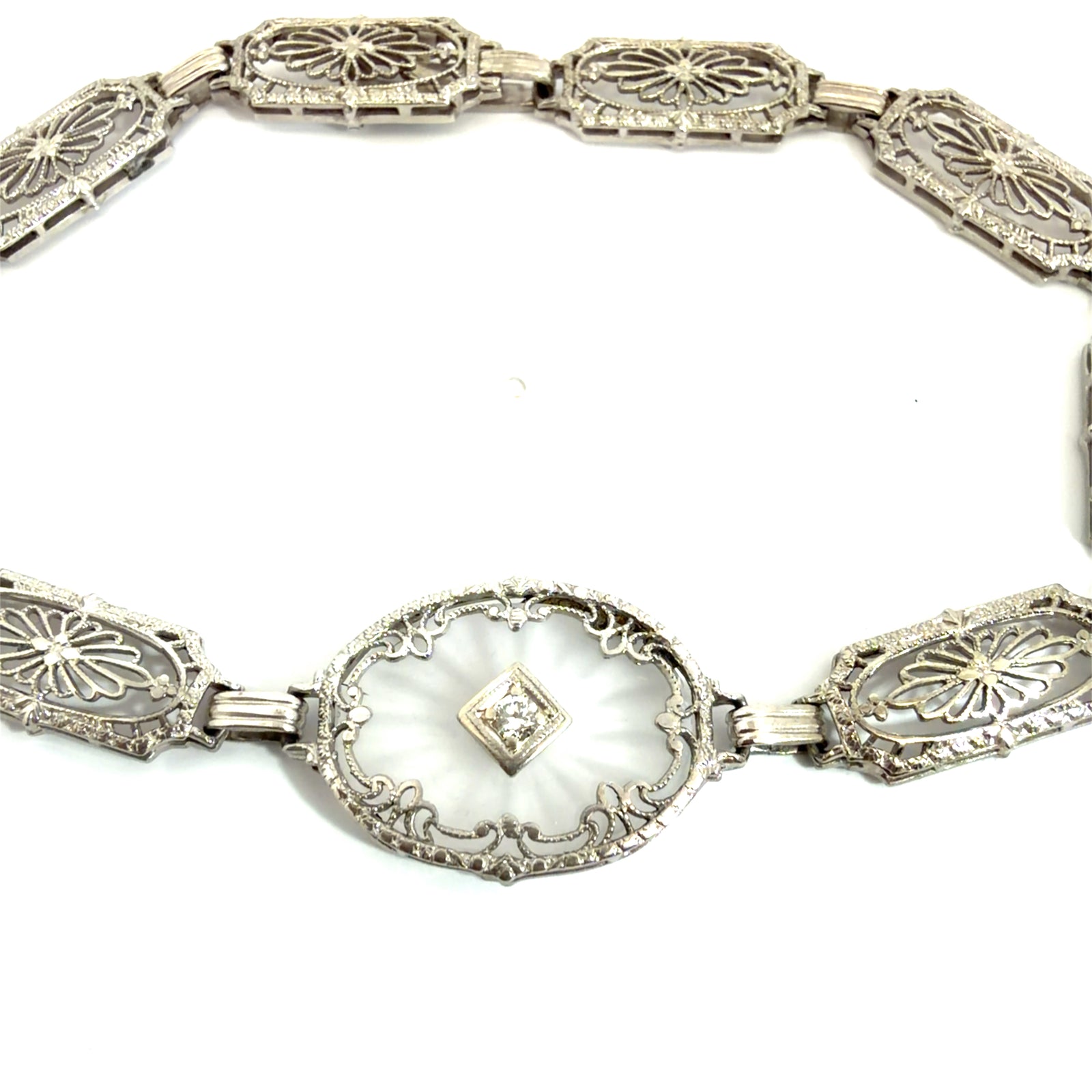 Vintage Mixed Metal Filigree  Camphor Glass and Diamond Chain Bracelet