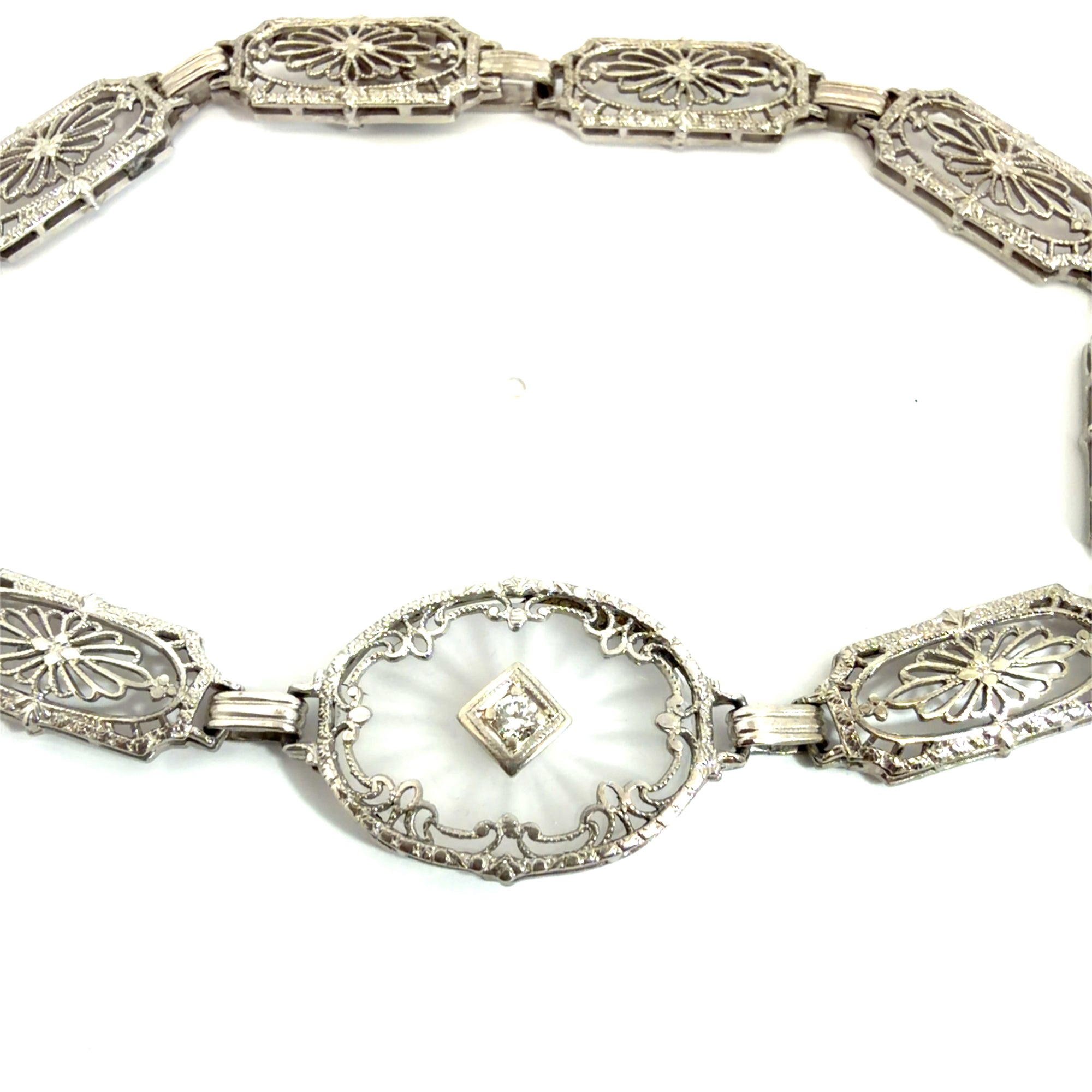 Vintage Mixed Metal Filigree  Camphor Glass and Diamond Chain Bracelet