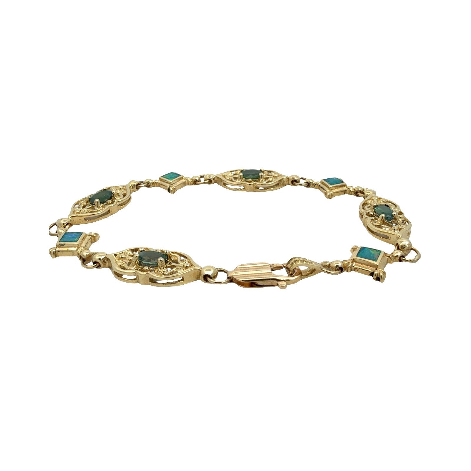 Vintage 14k Yellow Gold 1.85cttw Chrysoberyl and Opal Filigree Link Bracelet3