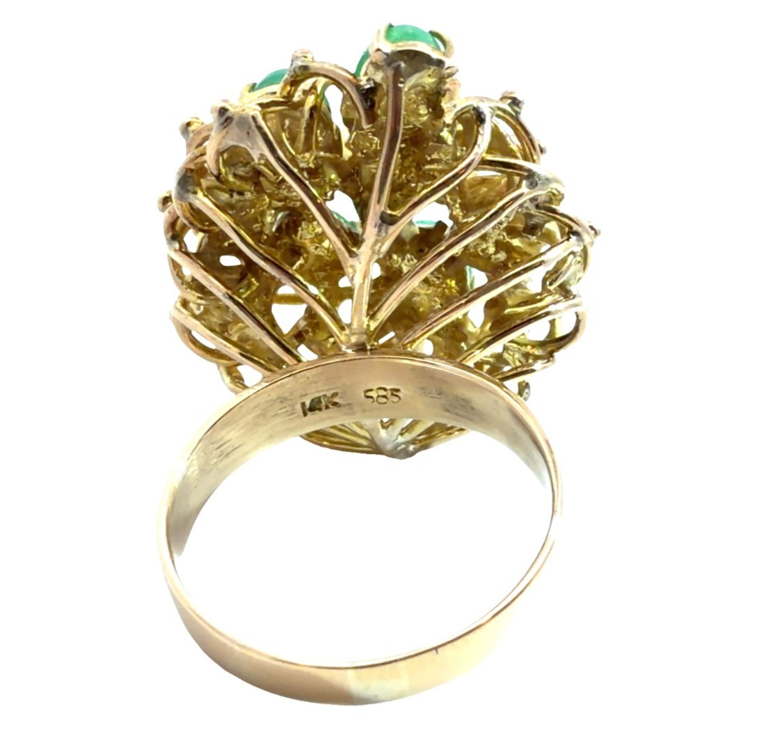 Stamped 14k Yellow Gold Wire Work and Cluster Emerald Cocktail Ring Size 75