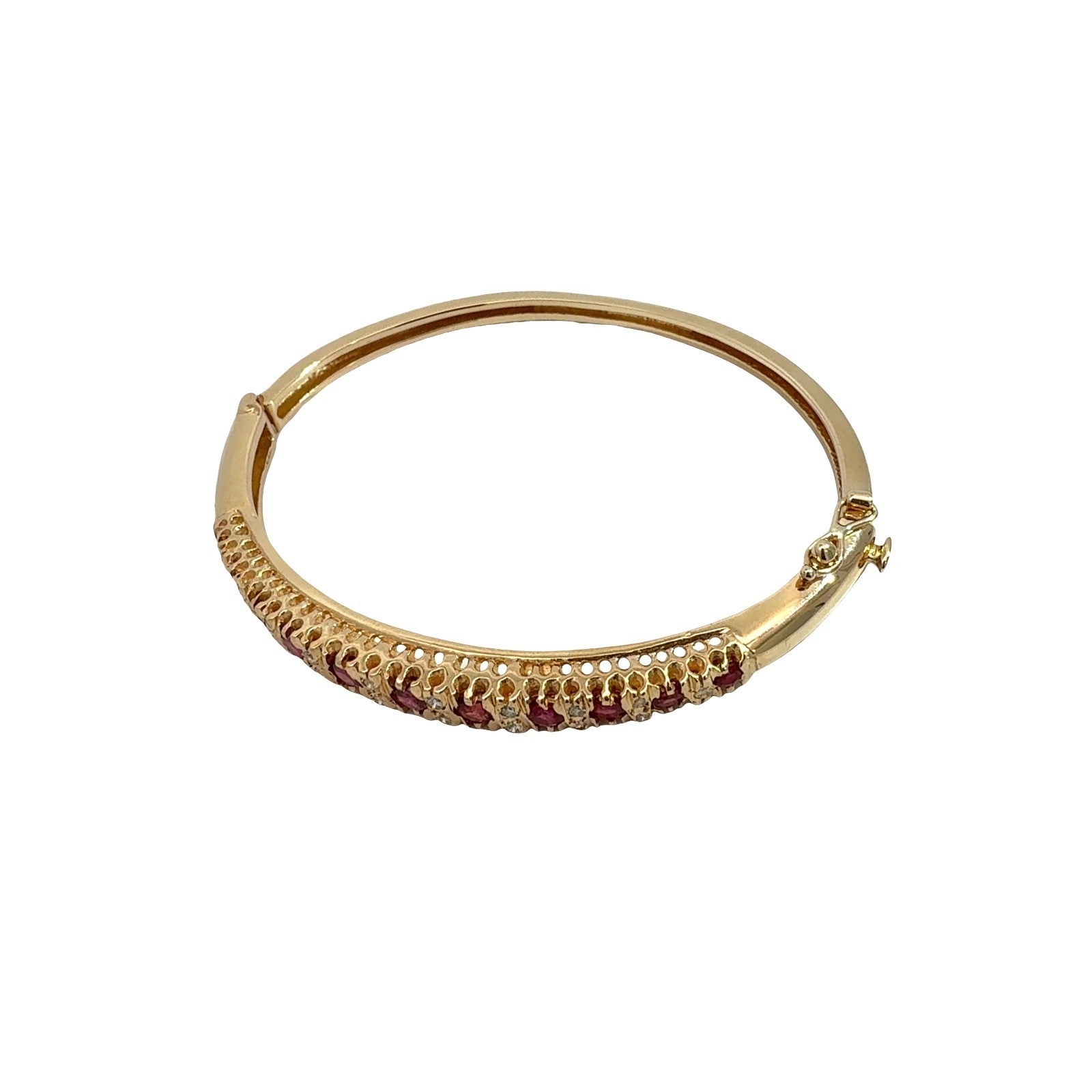 Vintage 14k Yellow Gold 0.77cttw Ruby & 0.29cttw Diamond Hinged Bangle Bracelet0