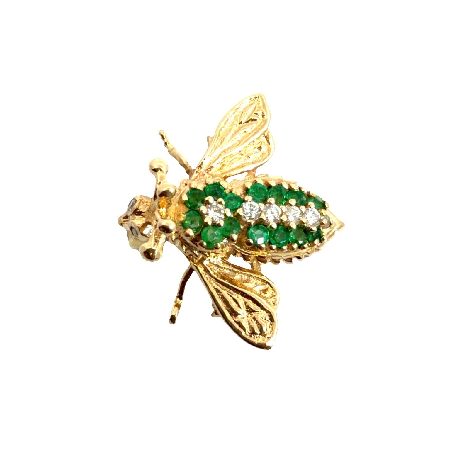 Vintage EMA 14k Yellow Gold 0.14cttw Emerald & 0.09cttw Diamond Bee Brooch