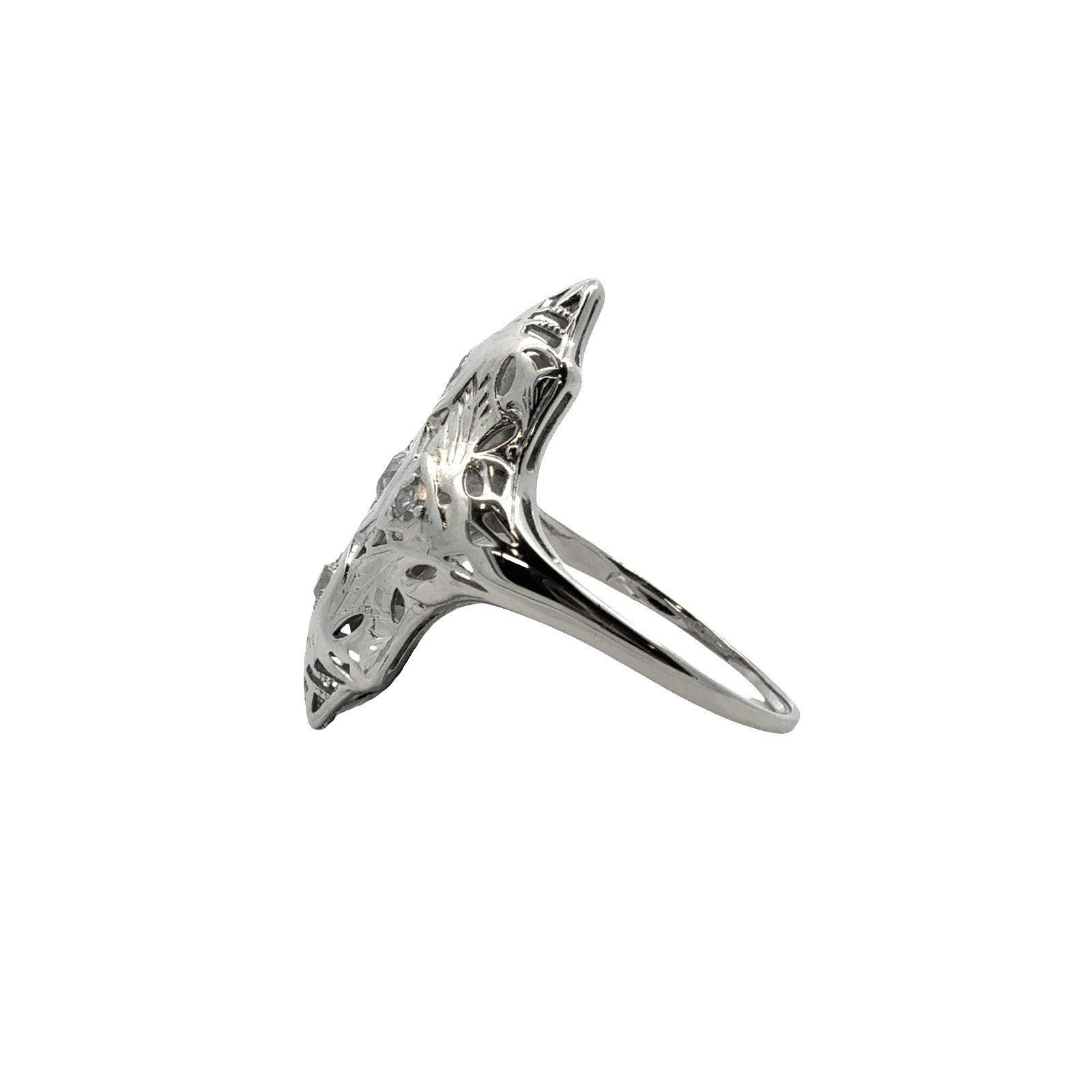 Vintage Art Deco 18k White Gold 0.32ctw Euro Cut Diamonds Navette Ring Size 64