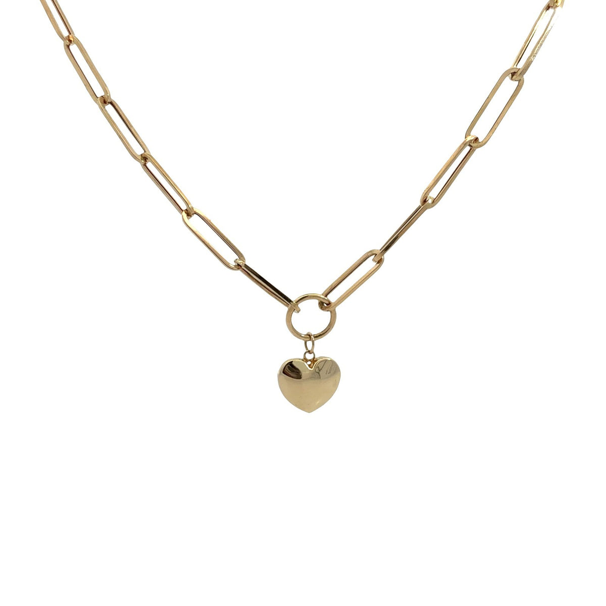 14k Yellow Gold Paperclip Chain with Heart Charm Necklace 18"0