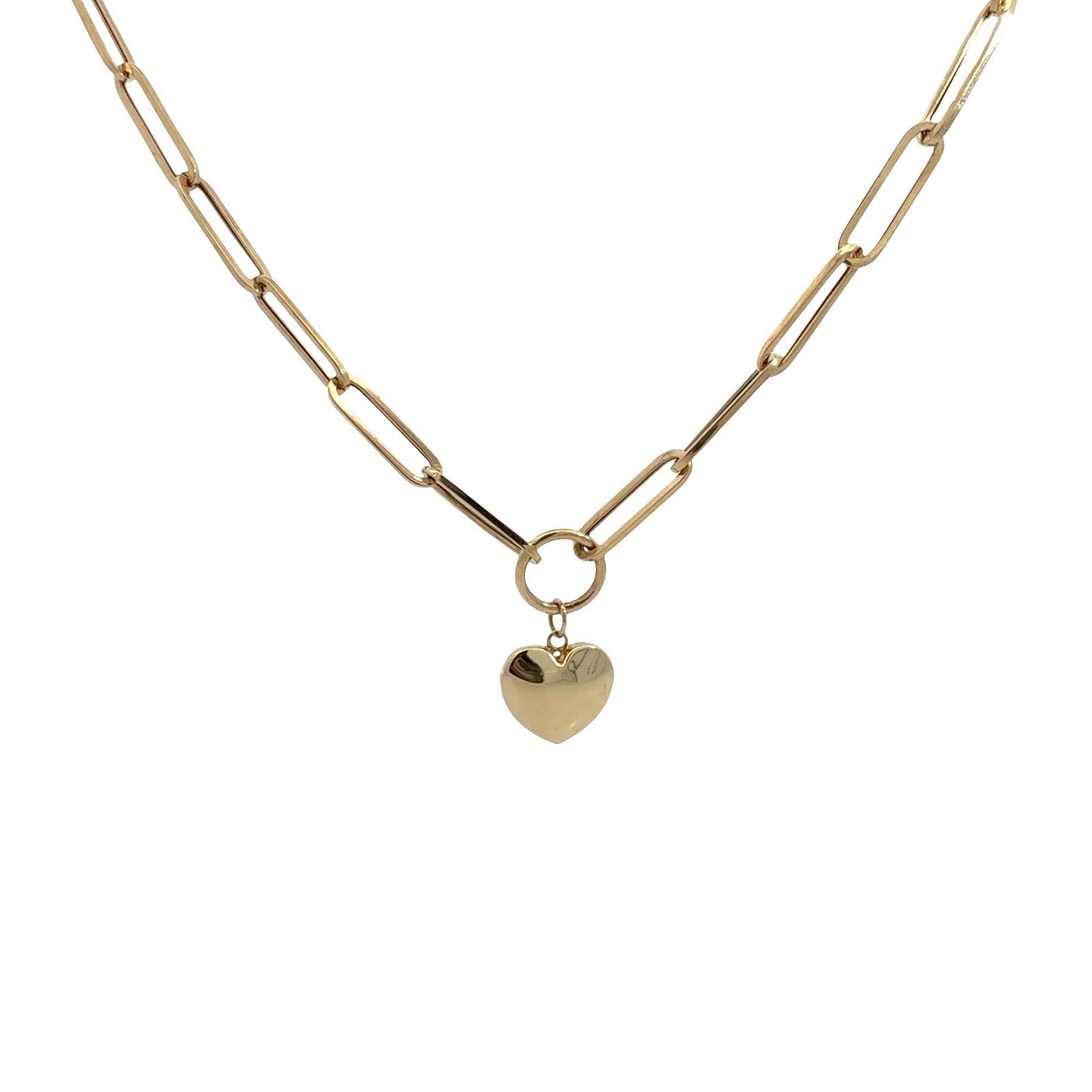 14k Yellow Gold Paperclip Chain with Heart Charm Necklace 18"0