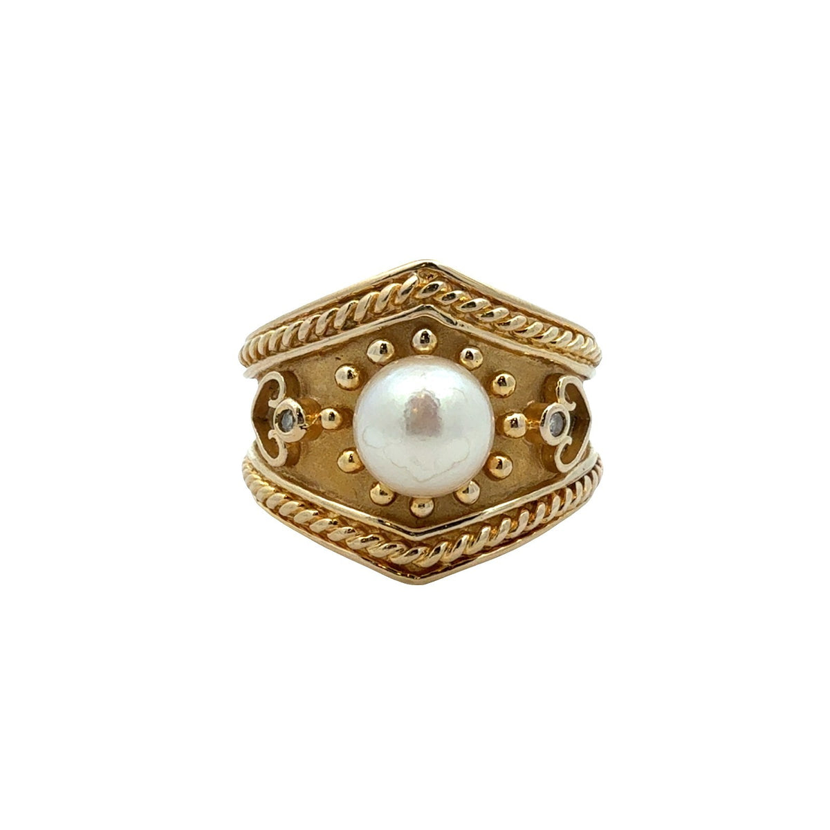 14k Yellow Gold Pearl &amp; 0.01ctw Diamond Vintage-Inspired Cocktail Ring Size 60