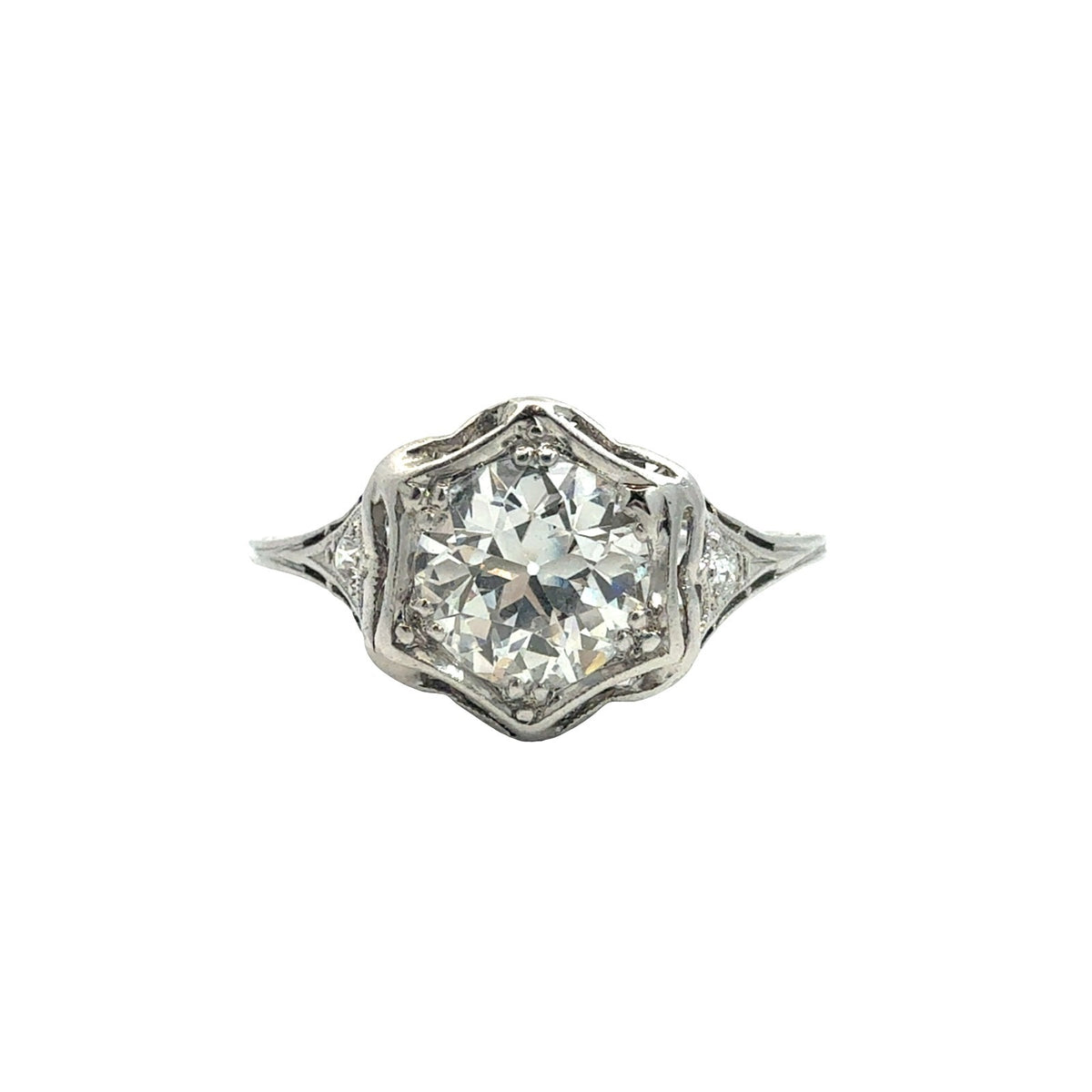 Vintage 14k White Gold 1.00tcw Euro-Cut Diamond Art Deco Engagement Ring Size 70