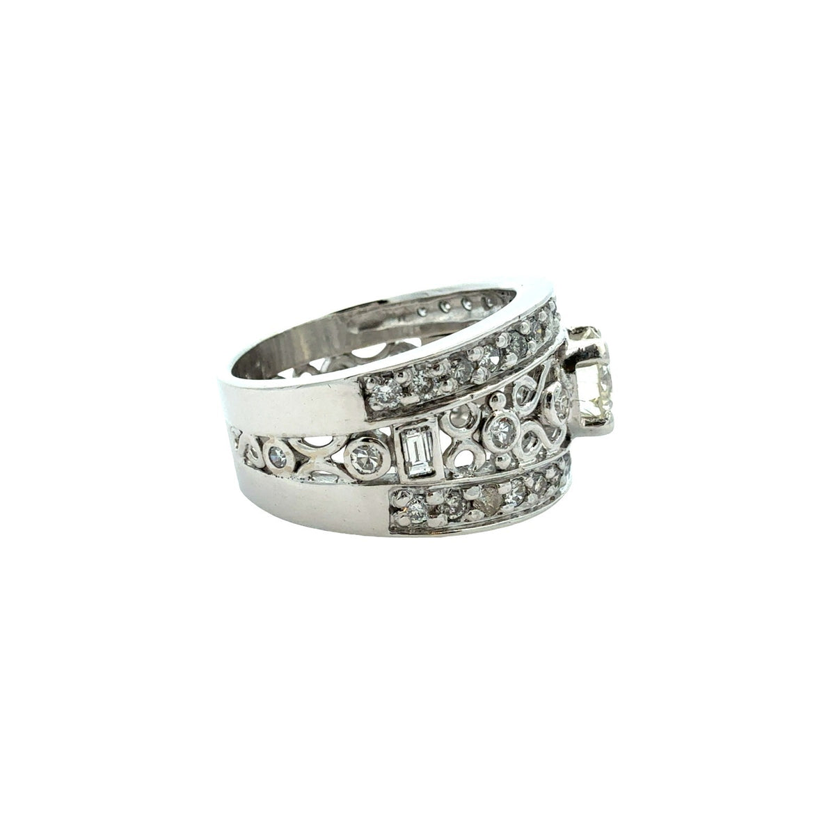 Vintage 14k White Gold 1.68cttw Diamond Filigree Wide Band Engagement Ring2