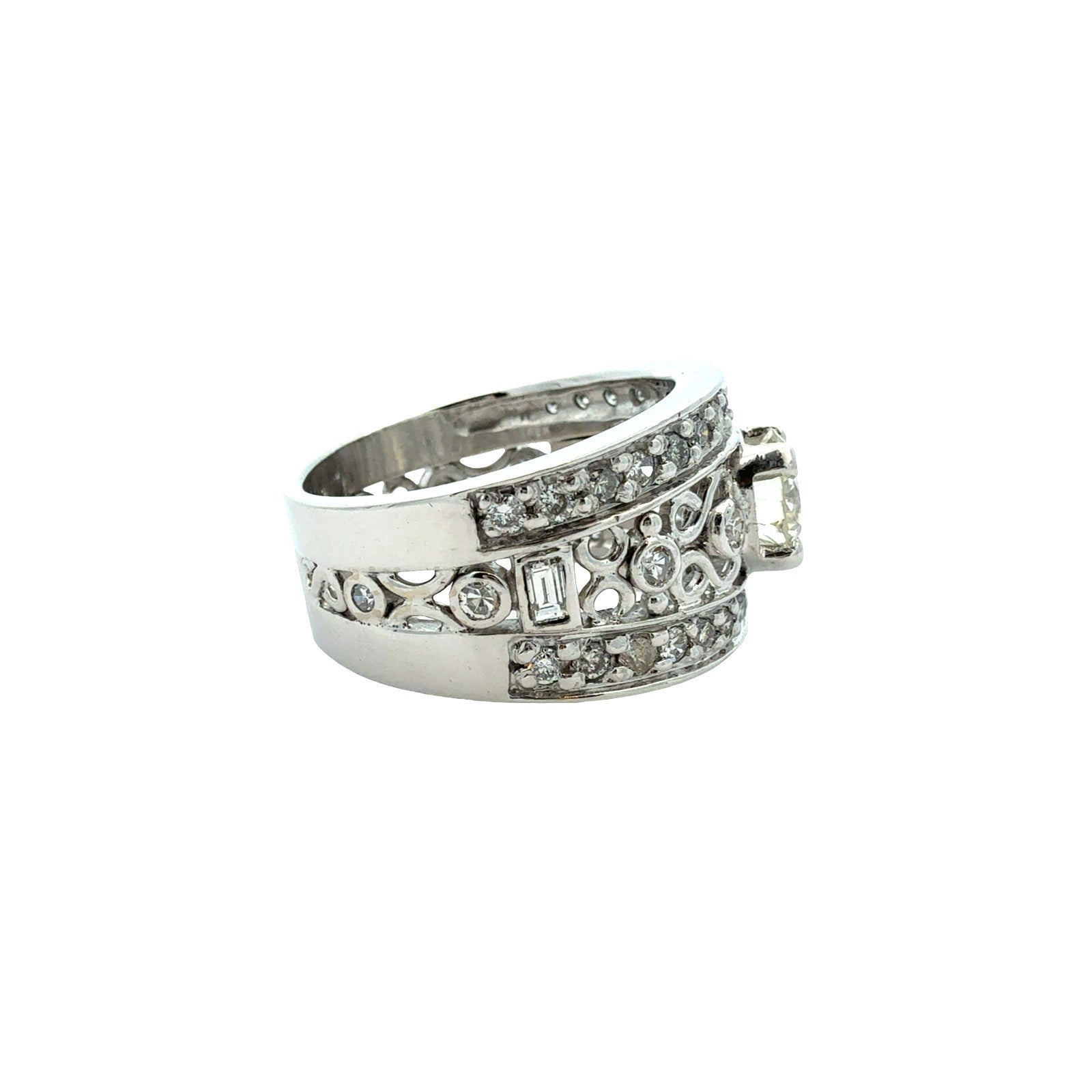 Vintage 14k White Gold 1.68cttw Diamond Filigree Wide Band Engagement Ring2