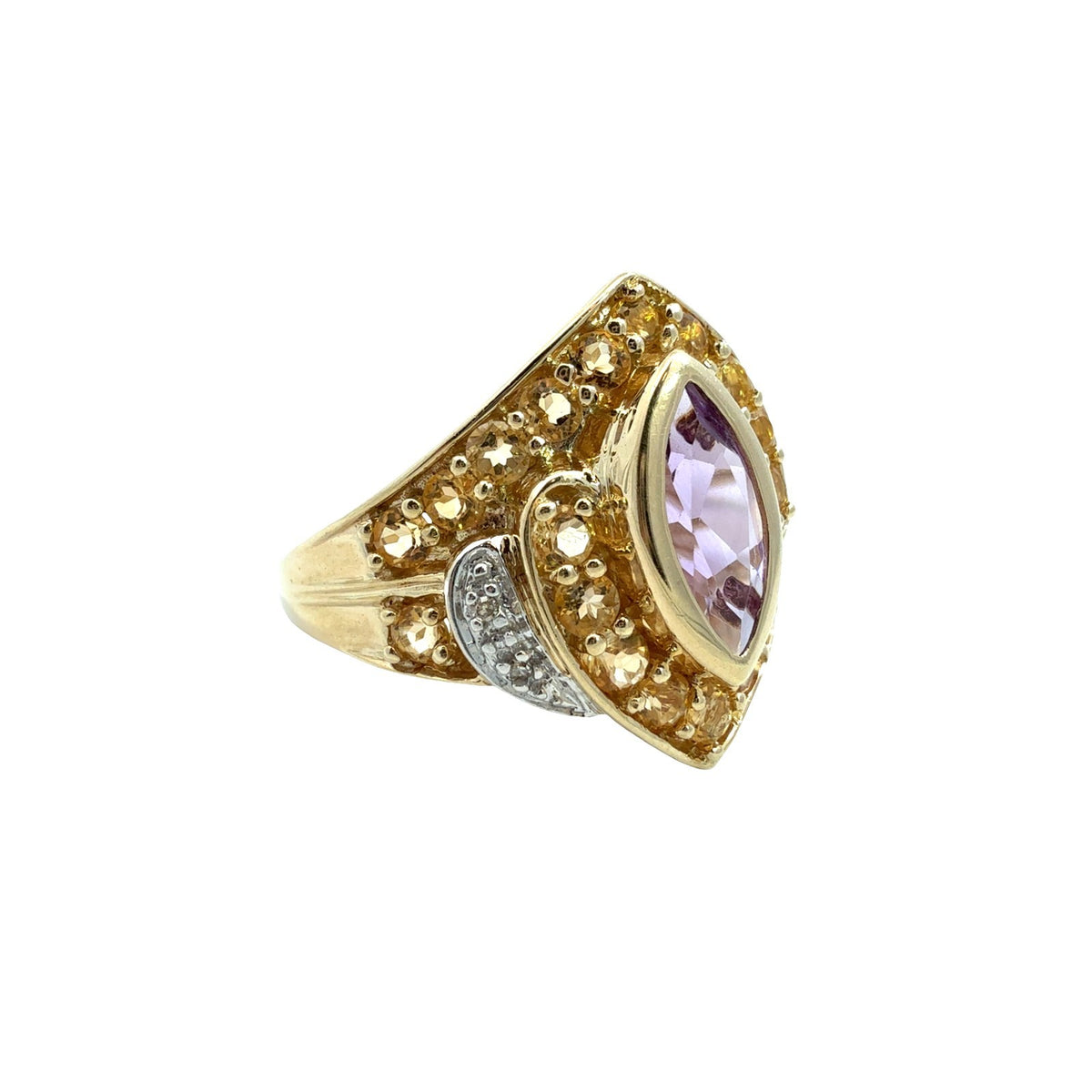 Vintage 10k Yellow Gold 1.10tcw Amethyst 1.10cttw Citrine 0.02cttw Diamond Ring1
