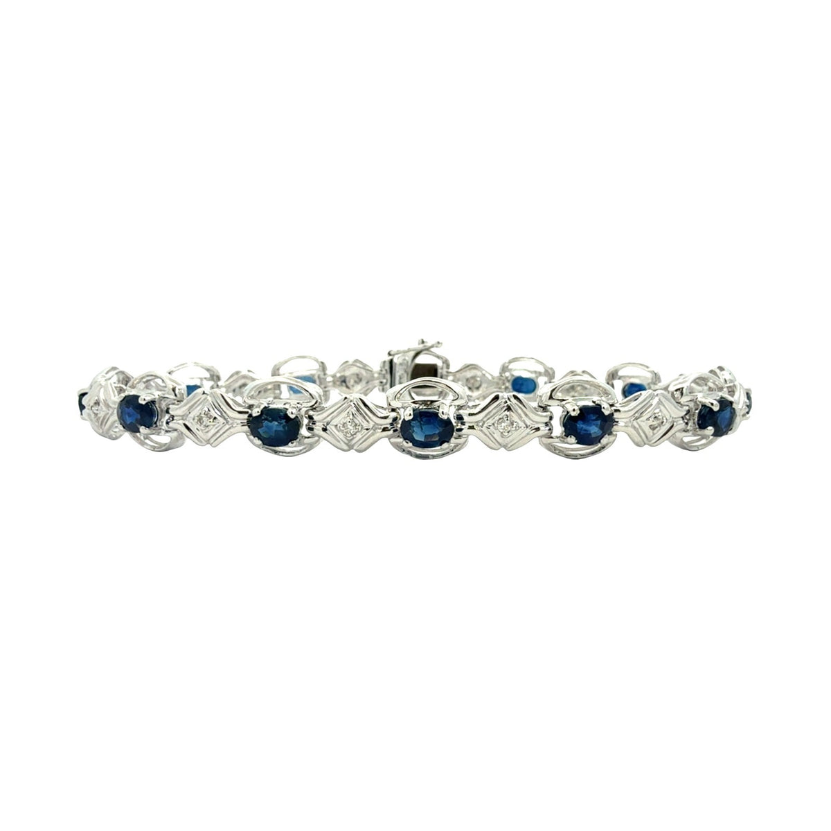 14k White Gold 0.14cttw Diamond and 4.56cttw Sapphire Link Bracelet0