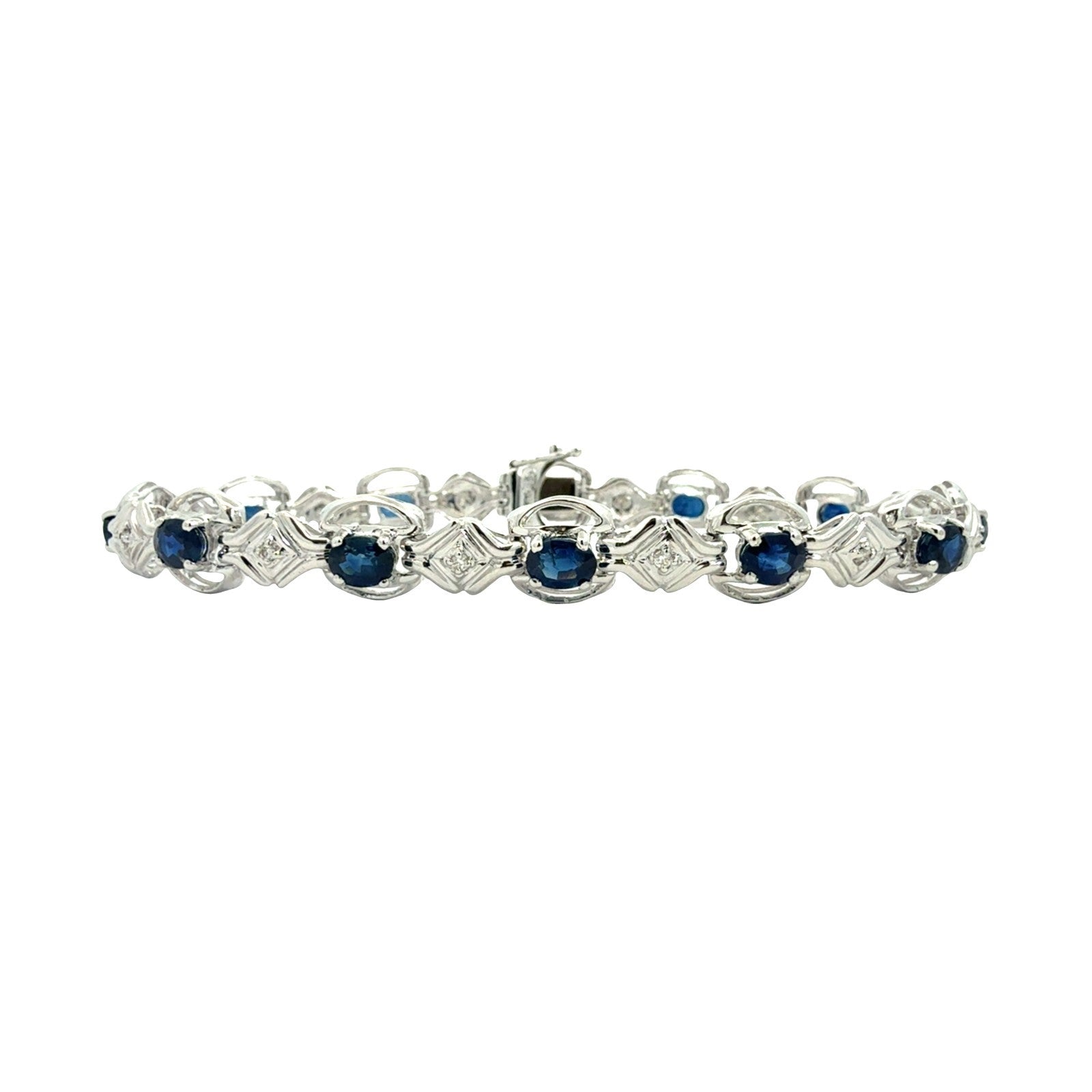 14k White Gold 0.14cttw Diamond and 4.56cttw Sapphire Link Bracelet0