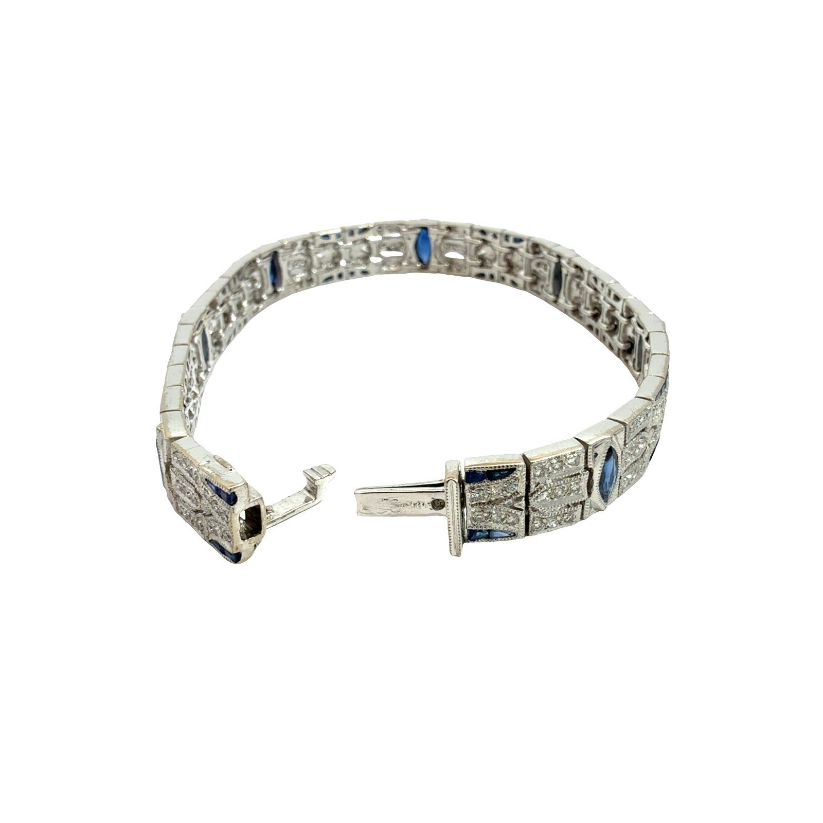 18k White Gold 3.01cttw Sapphire and 1.58cttw Diamond Art Deco Style Bracelet 7"5