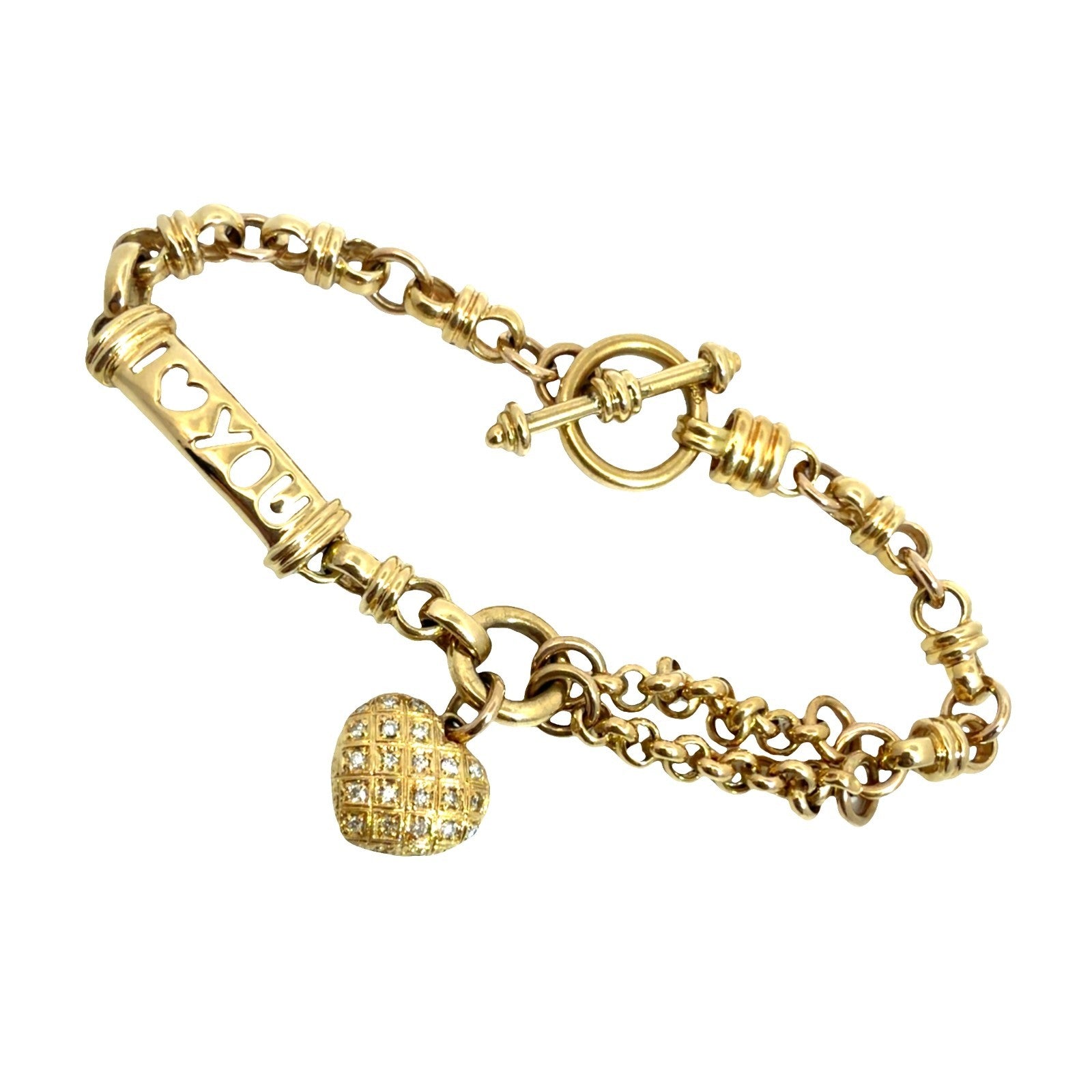 18k Yellow Gold I Love You Heart Charm Diamond Chain Bracelet 6.5 in0