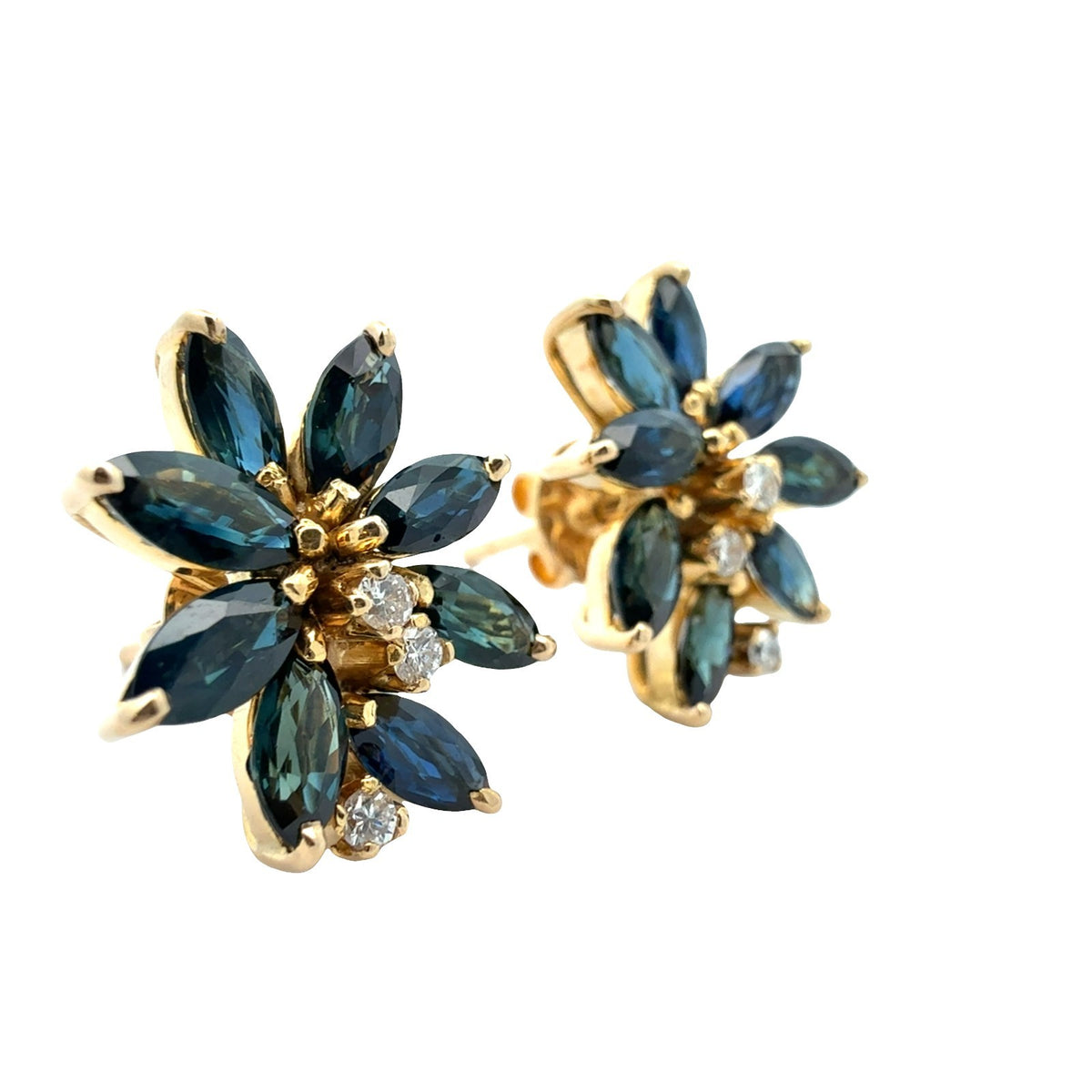 Vintage 18k Yellow Gold 3.36cttw Sapphire and 0.16cttw Diamond Cluster Earrings1