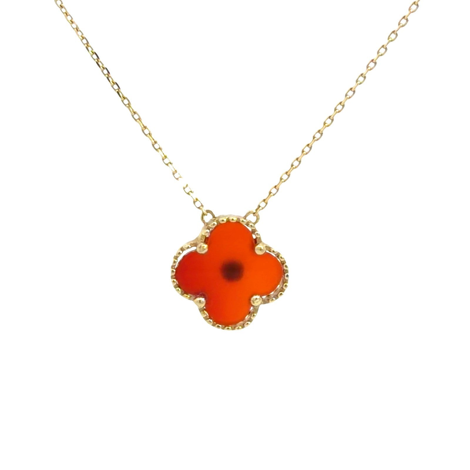 18k Yellow Gold Orange Clover Charm Necklace with CZ Center2