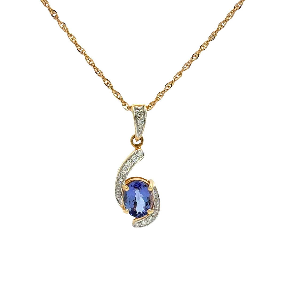 18k Yellow Gold 1.11tcw Tanzanite &amp; 0.07cttw Diamond Swirl Pendant Necklace 16"0