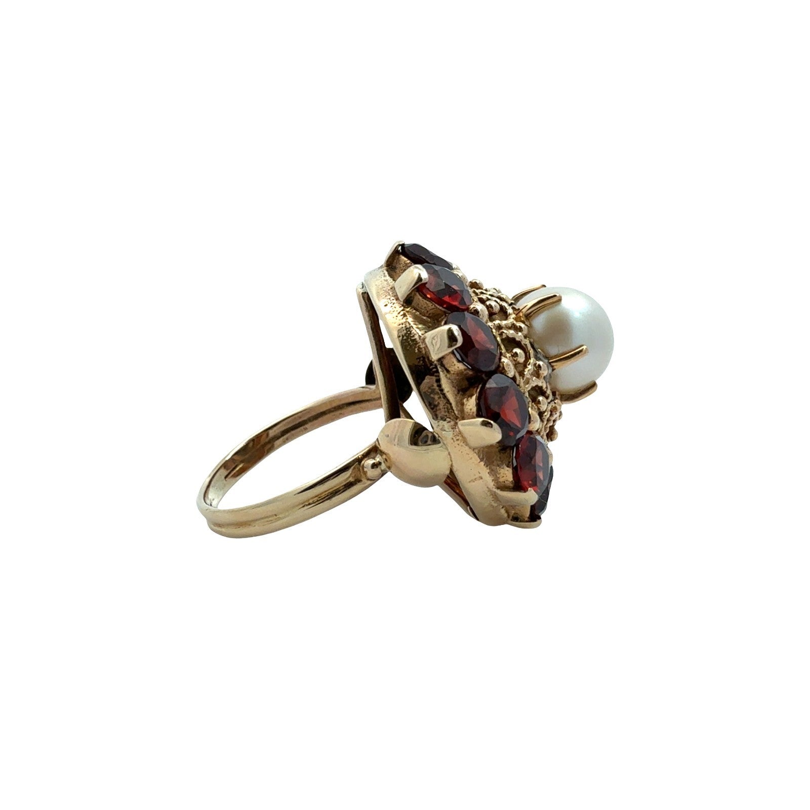 Vintage 14k Yellow Gold Stamped Pearl & 4.68cttw Garnet Halo Cocktail Ring2