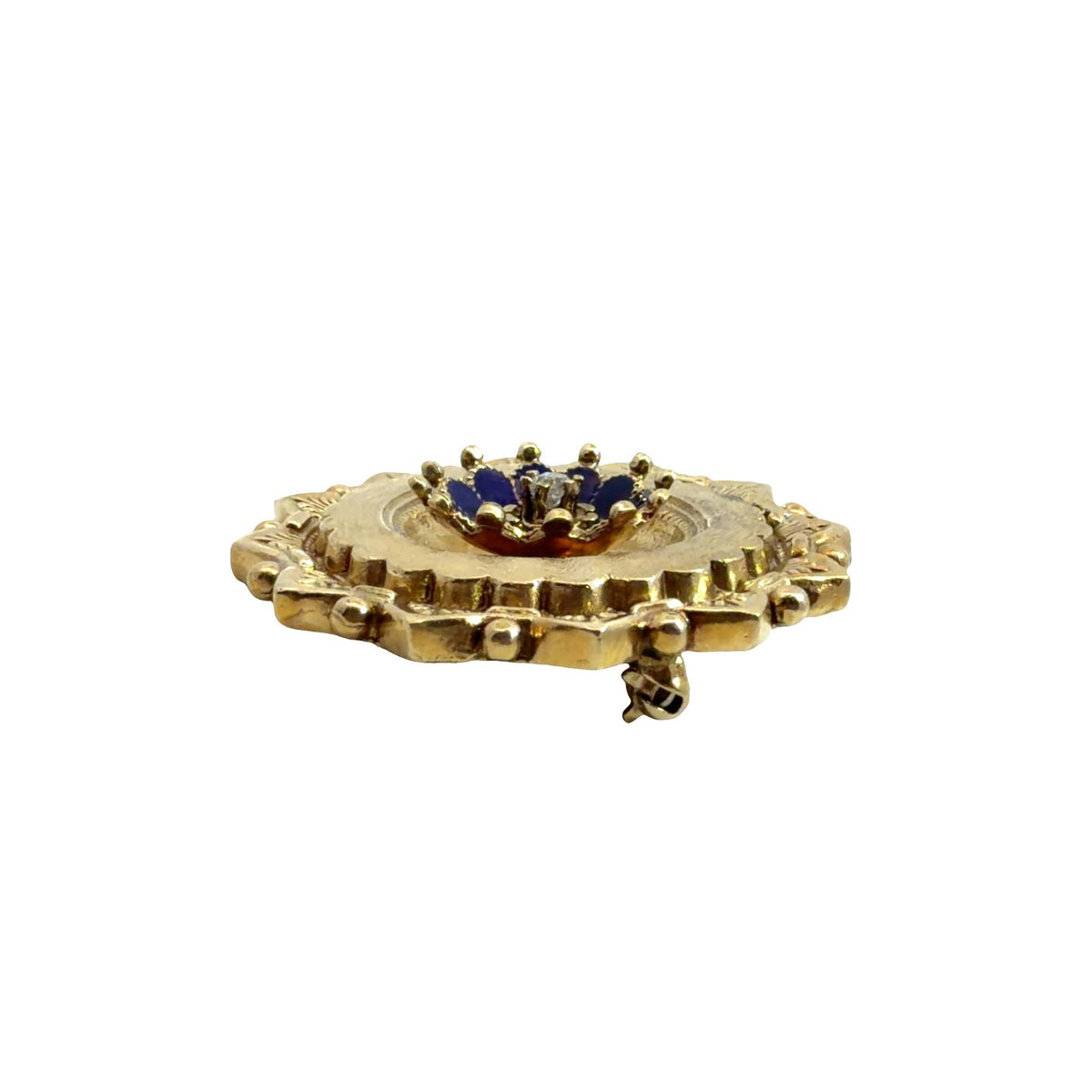 Antique Stamped 14k Yellow Gold Old Mine 0.07cttw Diamond & Blue Enamel Brooch4