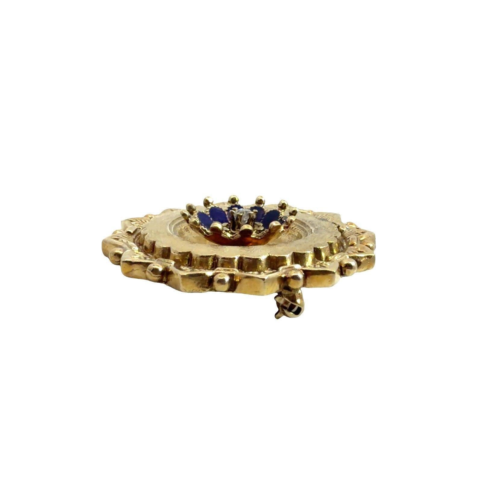 Antique Stamped 14k Yellow Gold Old Mine 0.07cttw Diamond & Blue Enamel Brooch4