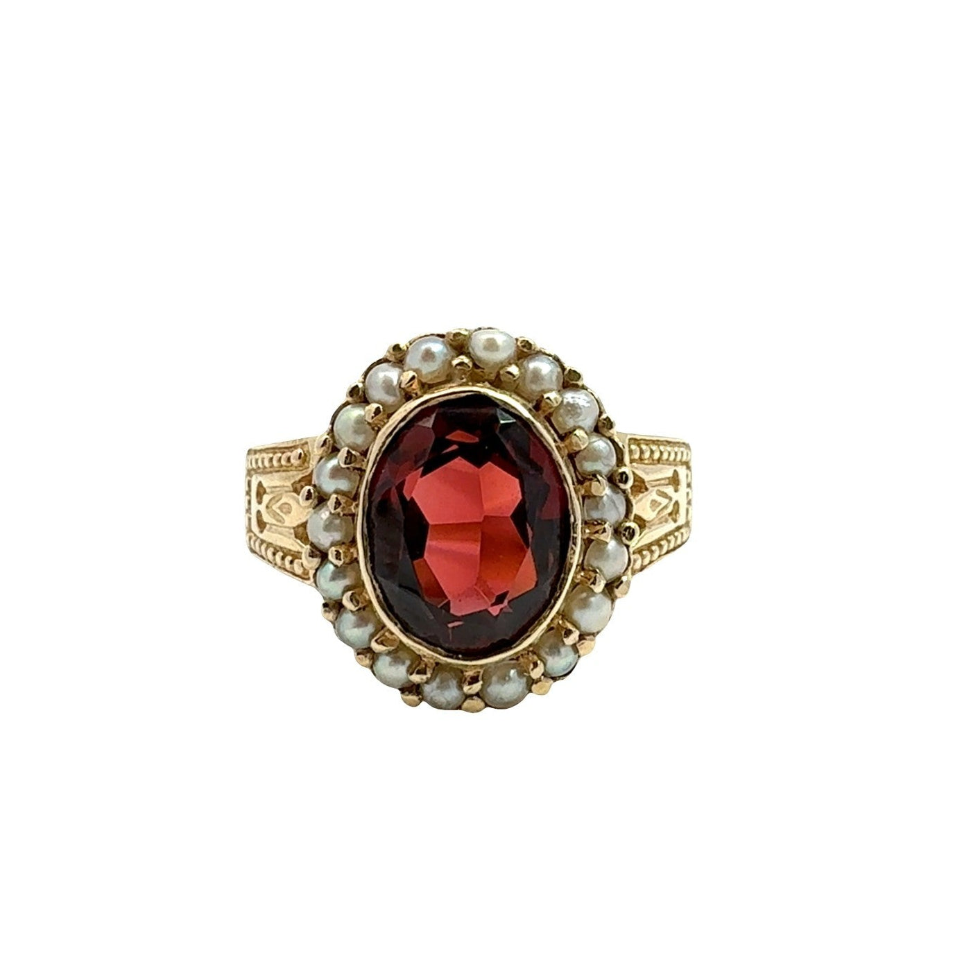 Vintage 14k Yellow Gold 2.30tcw Oval Garnet and Pearl Halo Cocktail Ring0