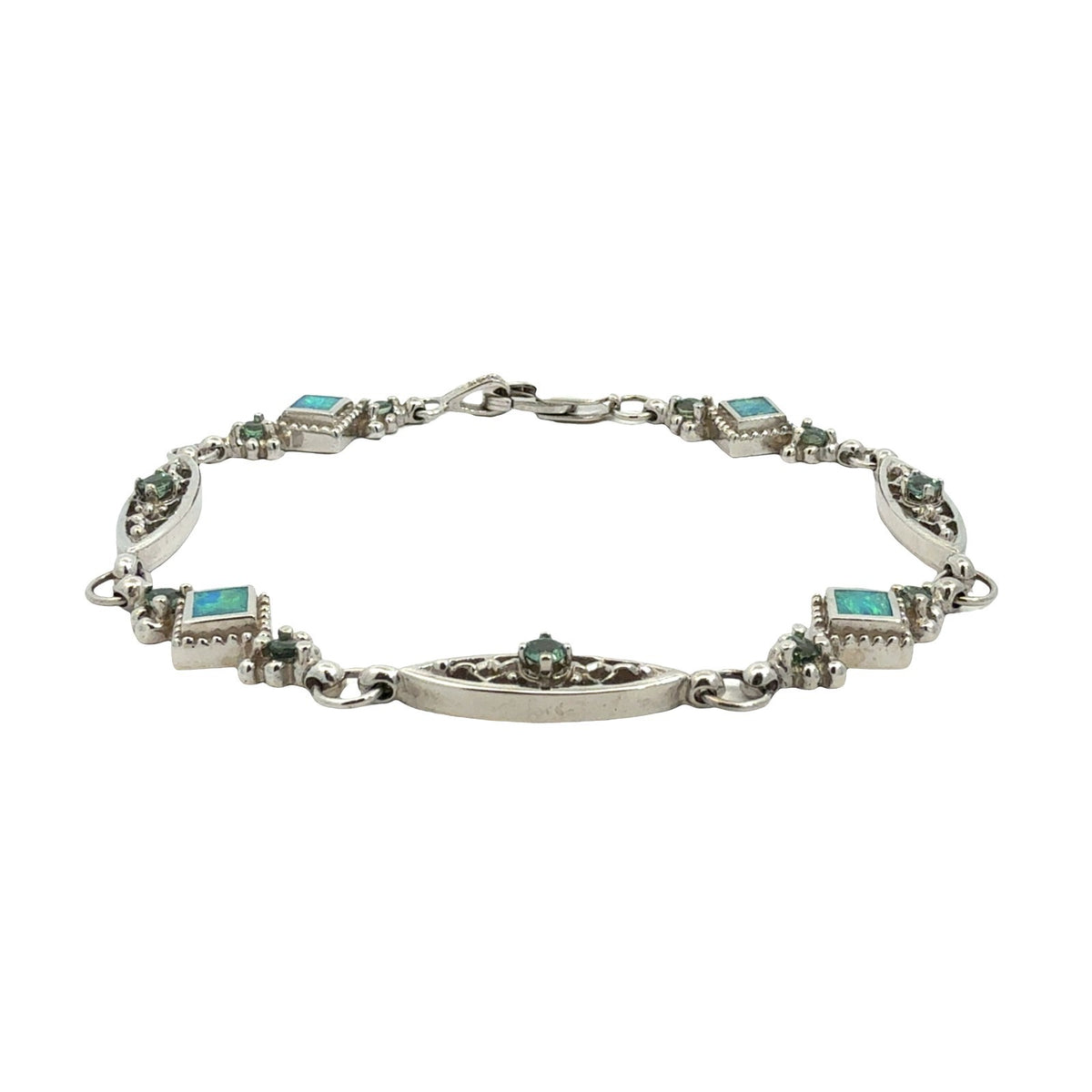Vintage 14k White Gold Opal 0.77cttw Chrysoberyl Ornate Filigree Link Bracelet0