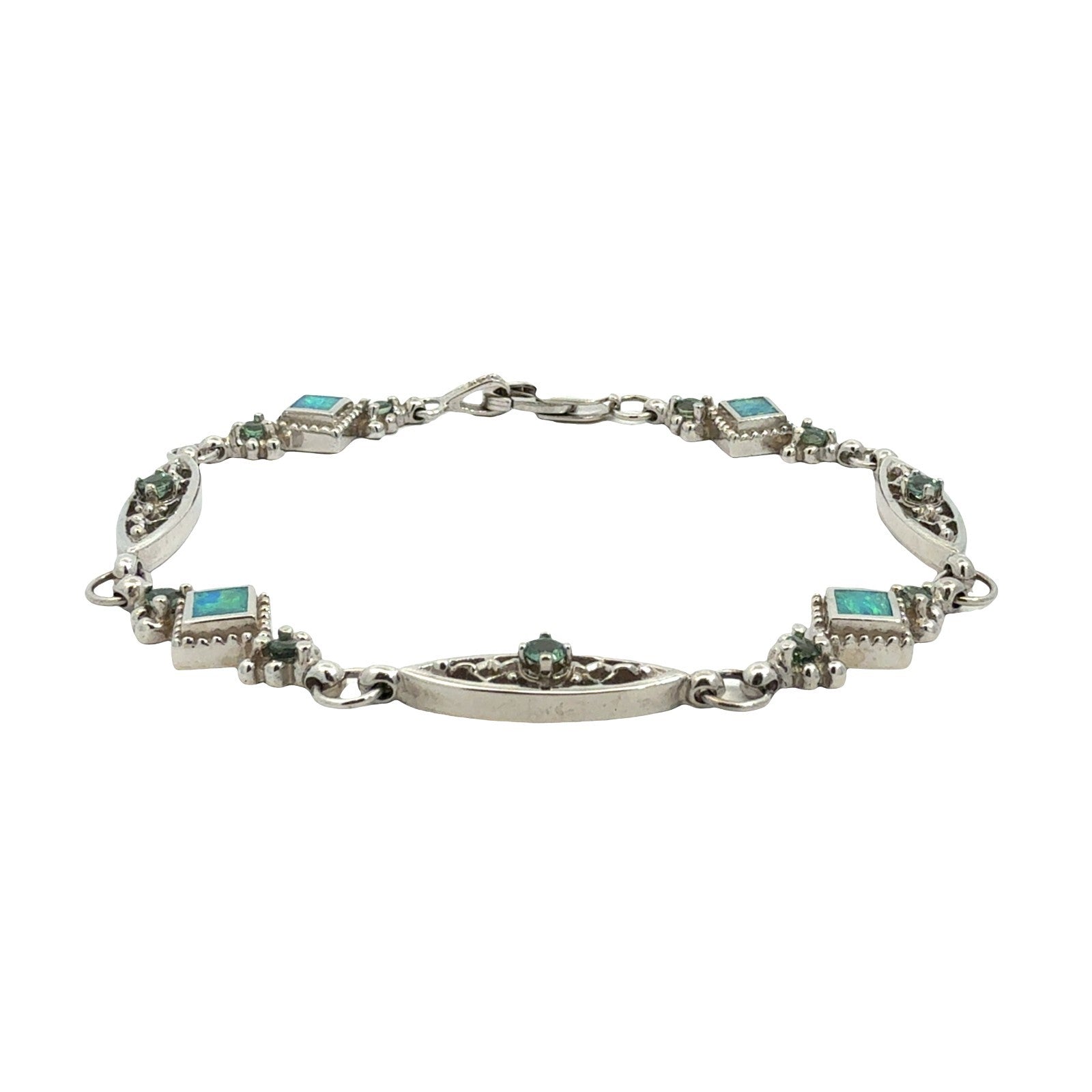 Vintage 14k White Gold Opal 0.77cttw Chrysoberyl Ornate Filigree Link Bracelet0