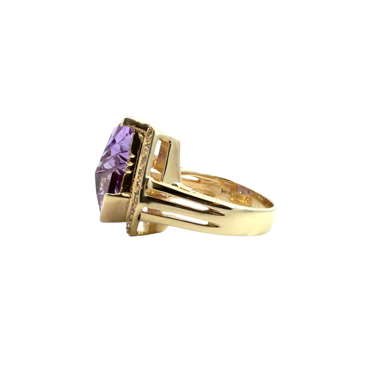 14k Yellow Gold Fantasy Cut Amethyst & 0.20cttw Diamond Cocktail Ring Size 6.54