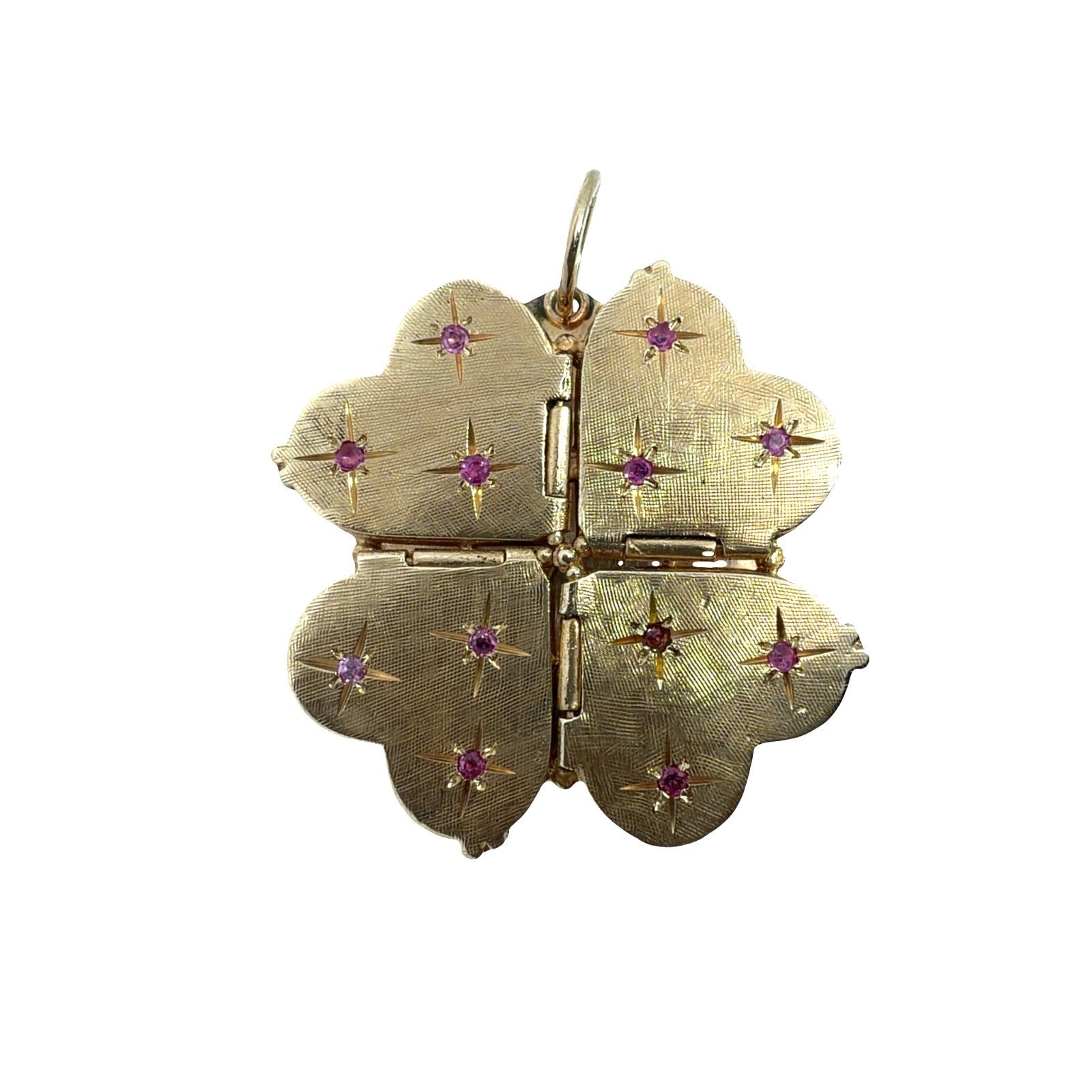 Vintage Stamped 14k Yellow Gold 0.34ctw Ruby Four Leaf Clover Locket0